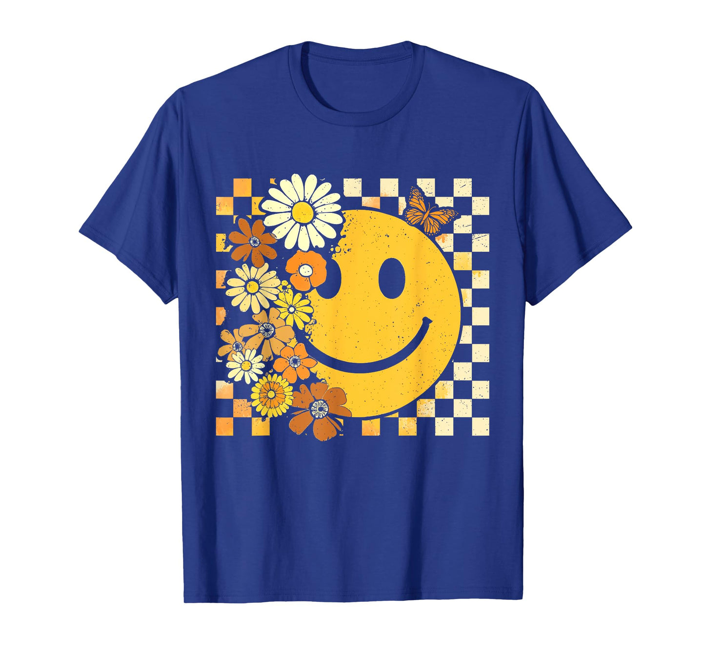 Boho Floral Checkered Smile Face Fall Vibes Thanksgiving T-Shirt