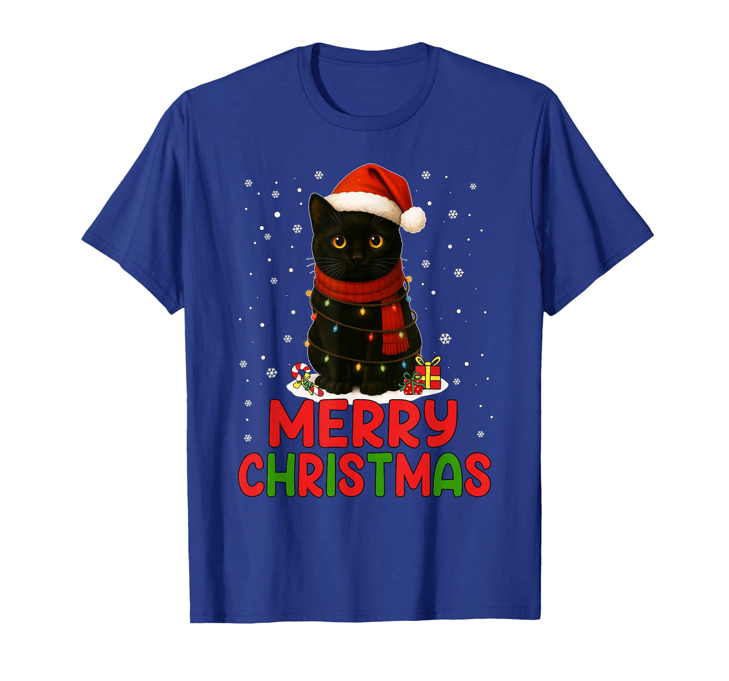 Merry Christmas Santa Hat Funny Black Cat Men Women Kids T-Shirt