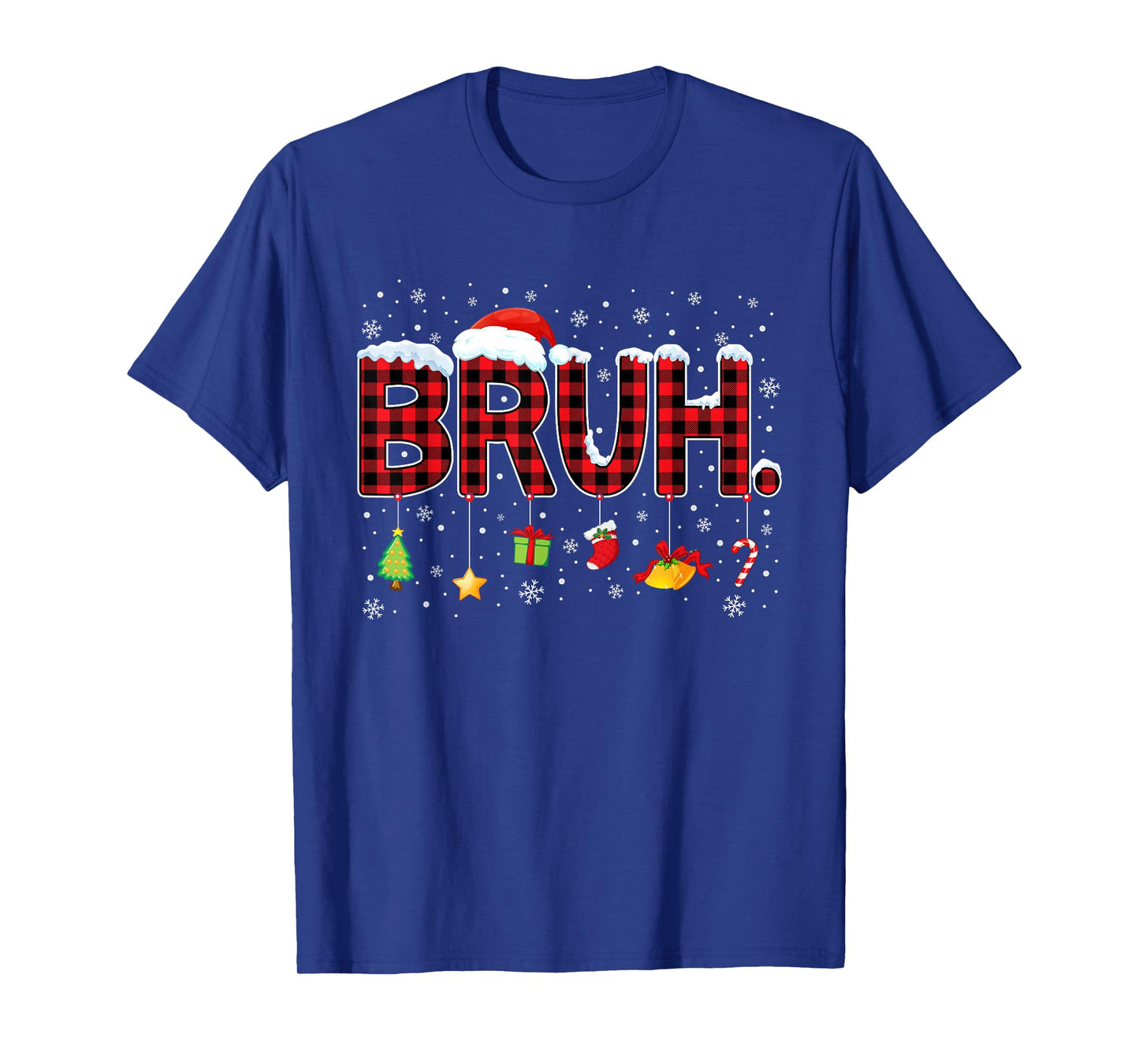 Bruh Funny Christmas Red Plaid Santa Hat Lights Xmas Pajamas T-Shirt