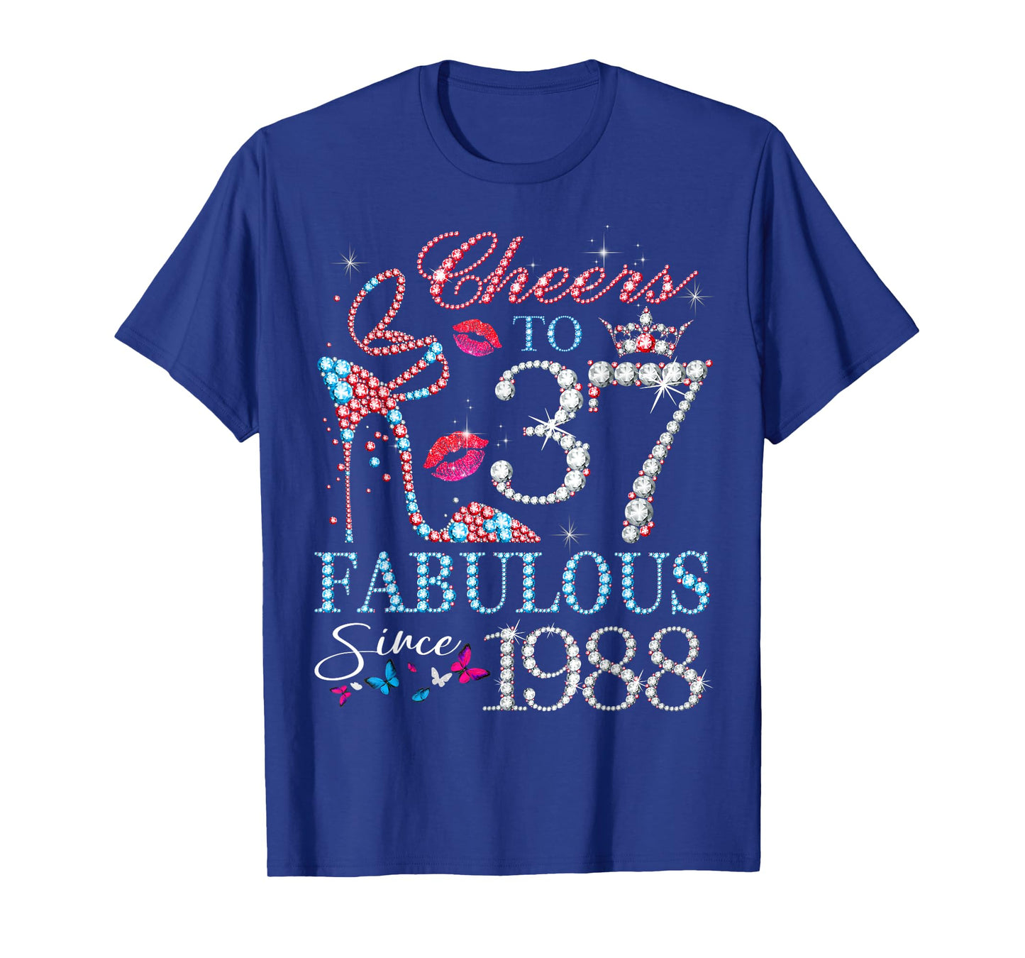 Womens Cheers to 37 Years Old EST 1988 37th Birthday Queen T-Shirt