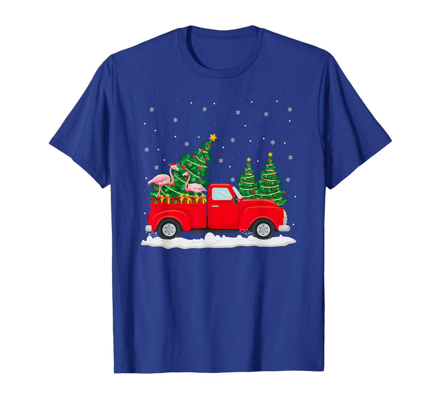 Flamingo On Red Truck Christmas Tree Lights Holiday Xmas T-Shirt