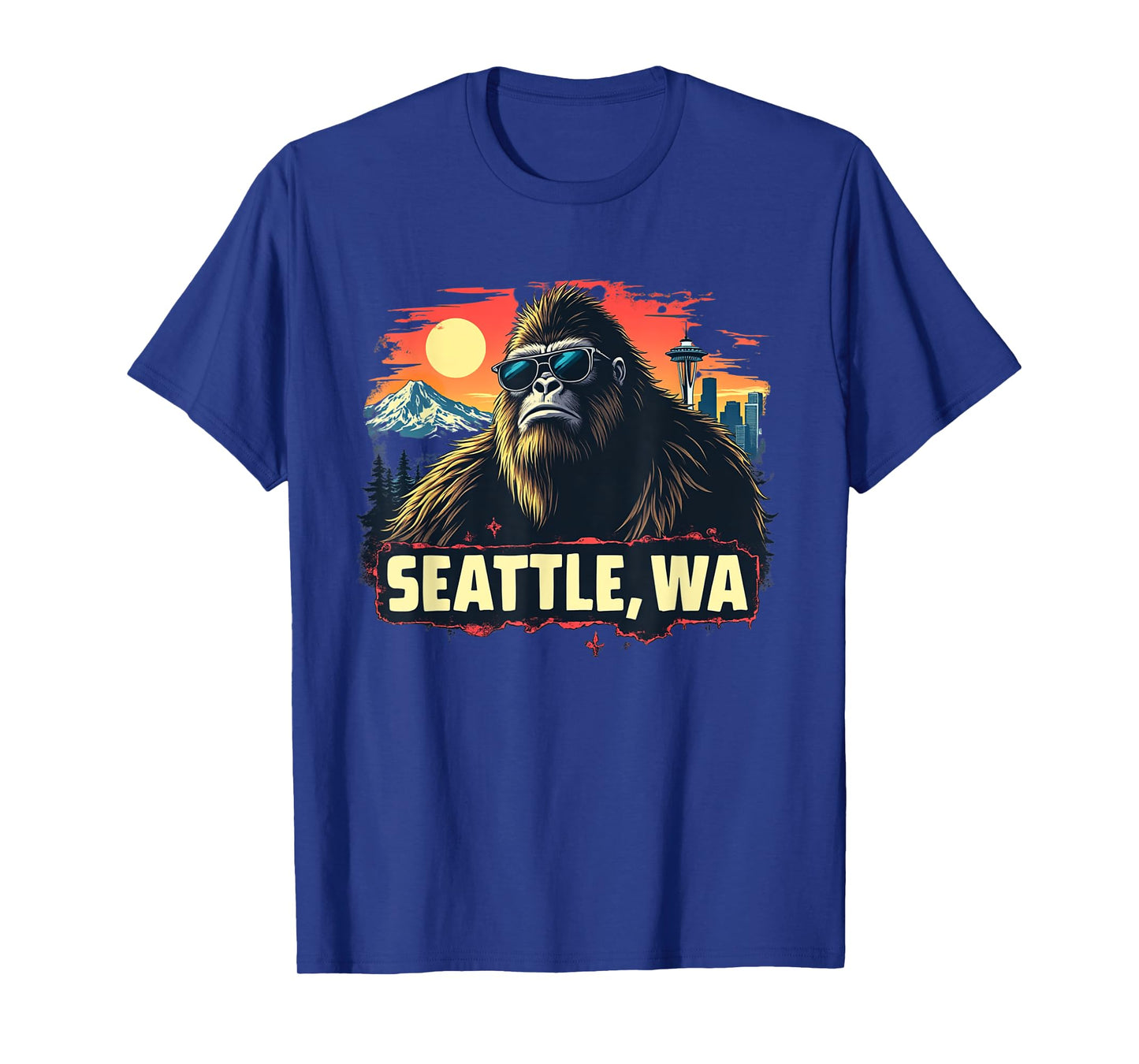 Seattle Cool Bigfoot with Downtown and Mountains T-Shirt