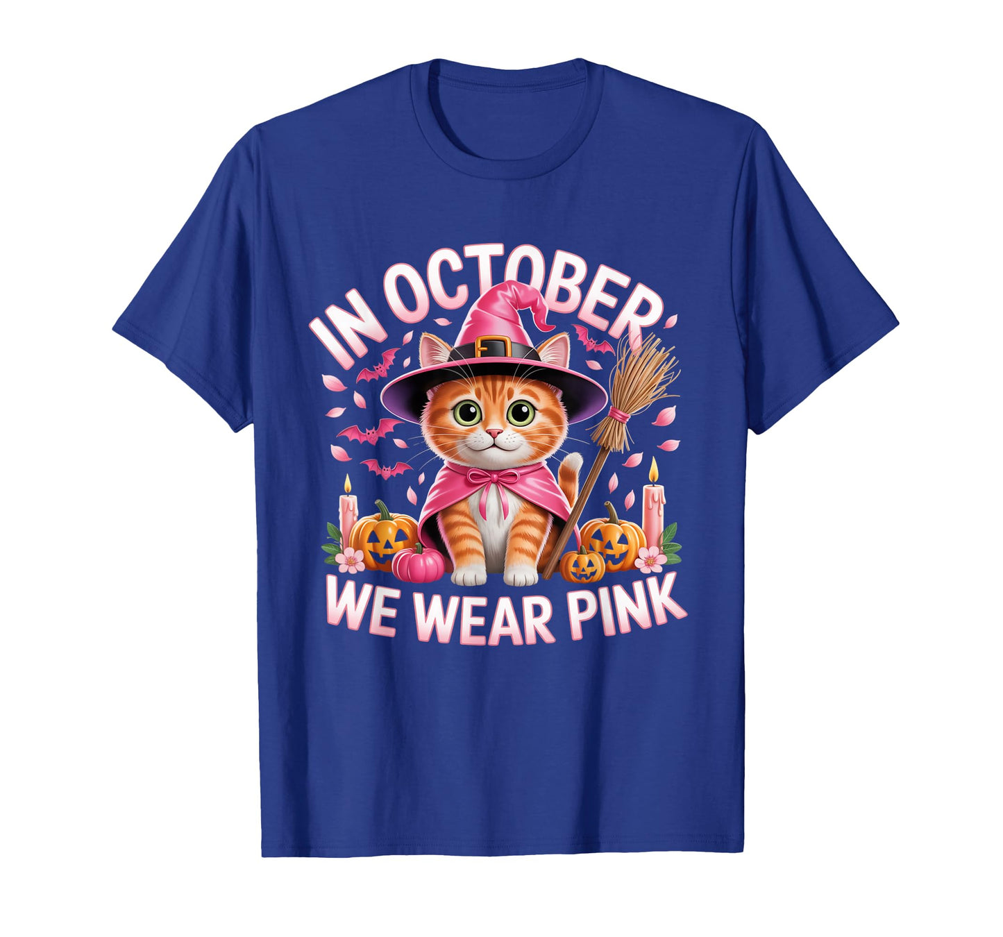 in October We Wear Pink Cat Witch Breast Cancer Awareness T-Shirt