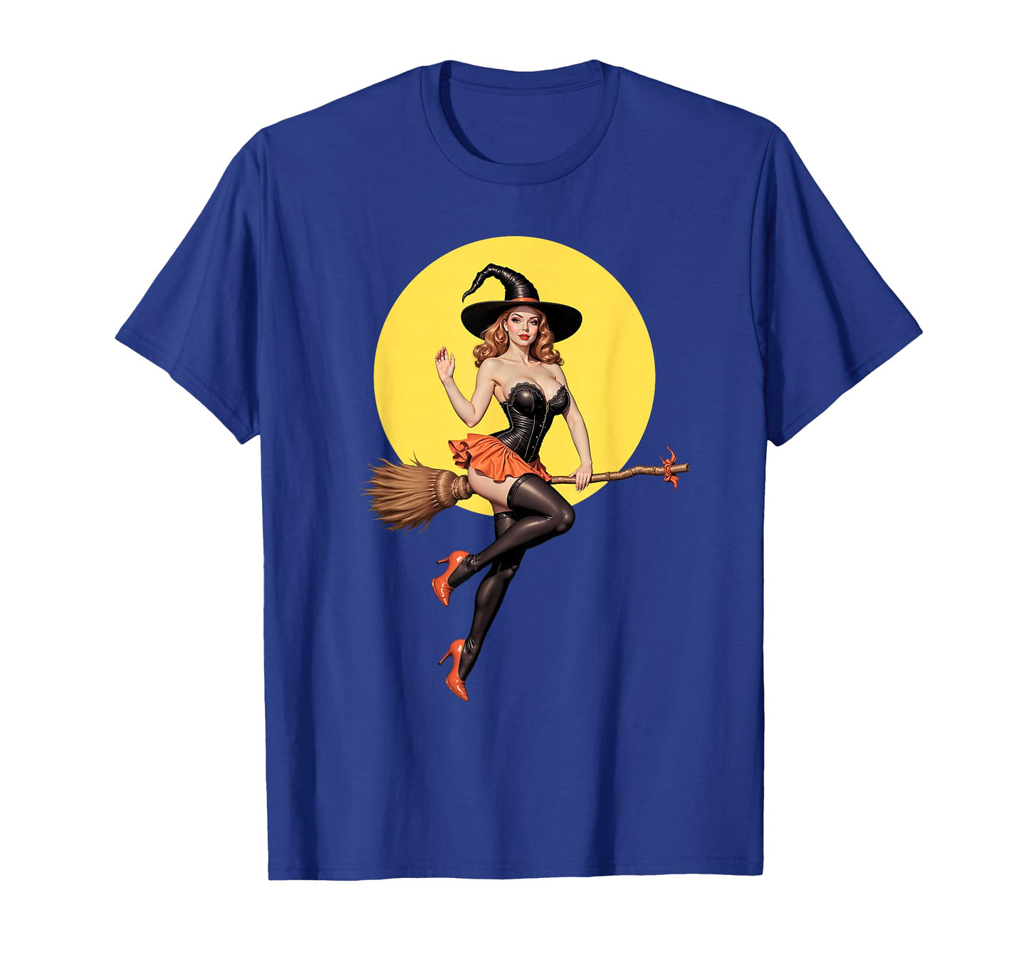 Sexy Halloween Witch Pin-Up Girl Riding A Broomstick T-Shirt