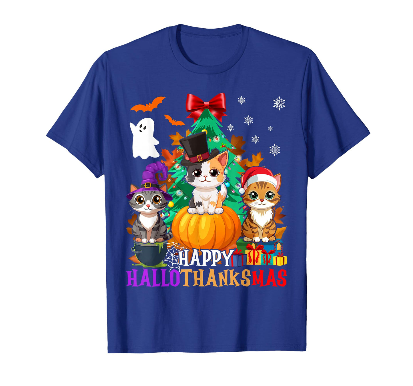 Happy Hallothanksmas Cats Halloween Thanksgiving Christmas T-Shirt