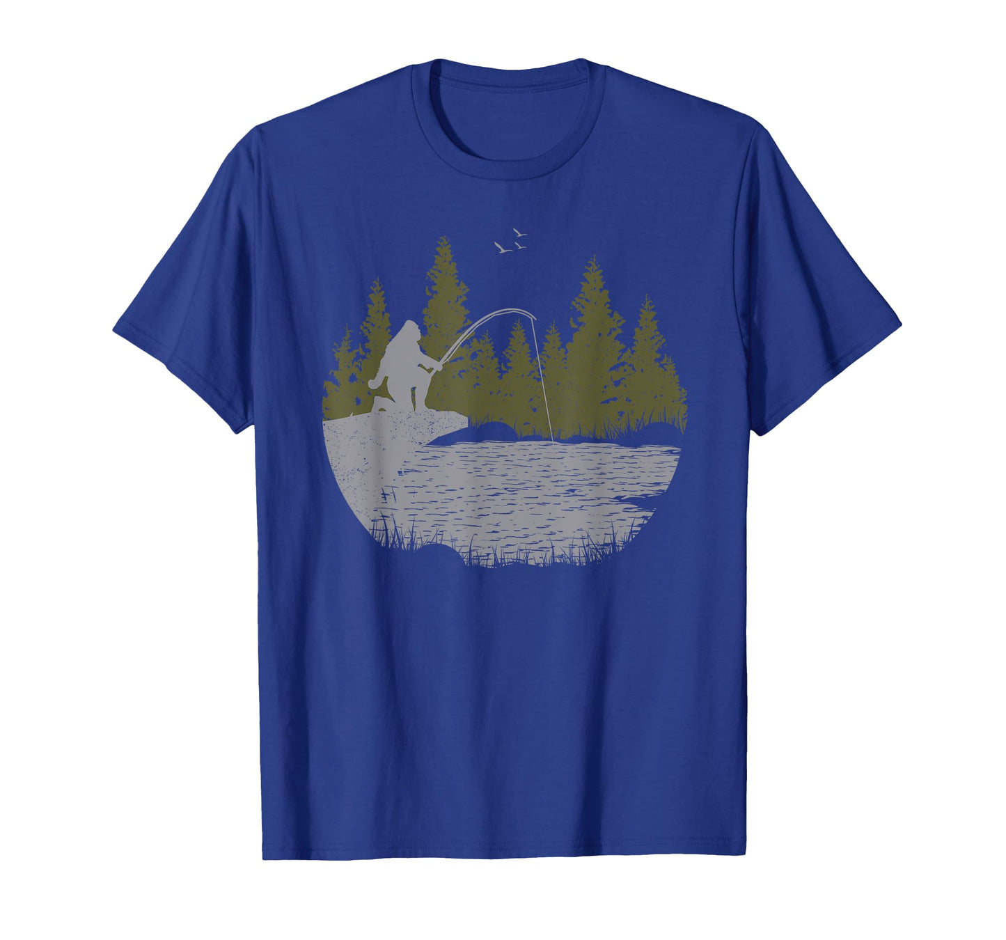 Funny Bigfoot Fishing Sasquatch & Trees Distressed Fisherman T-Shirt