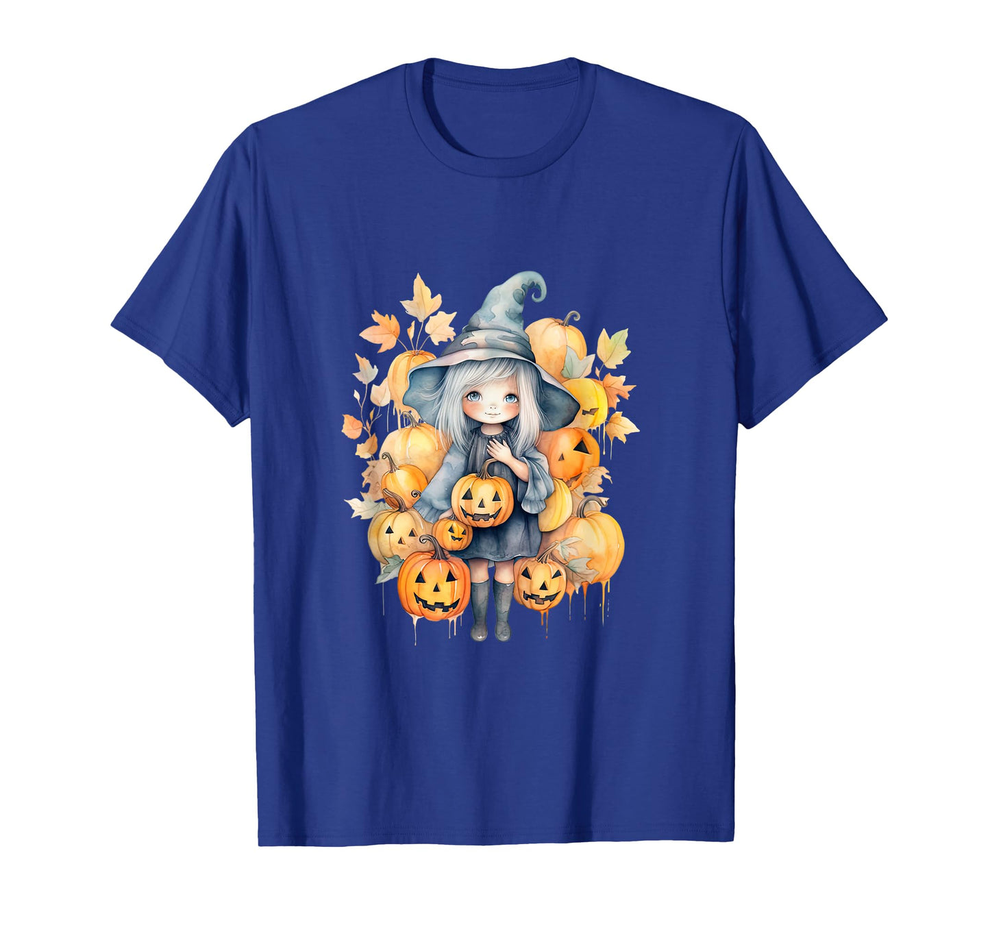 Watercolor Cute Halloween Pumpkin Girl Fall Autumn Leafs T-Shirt