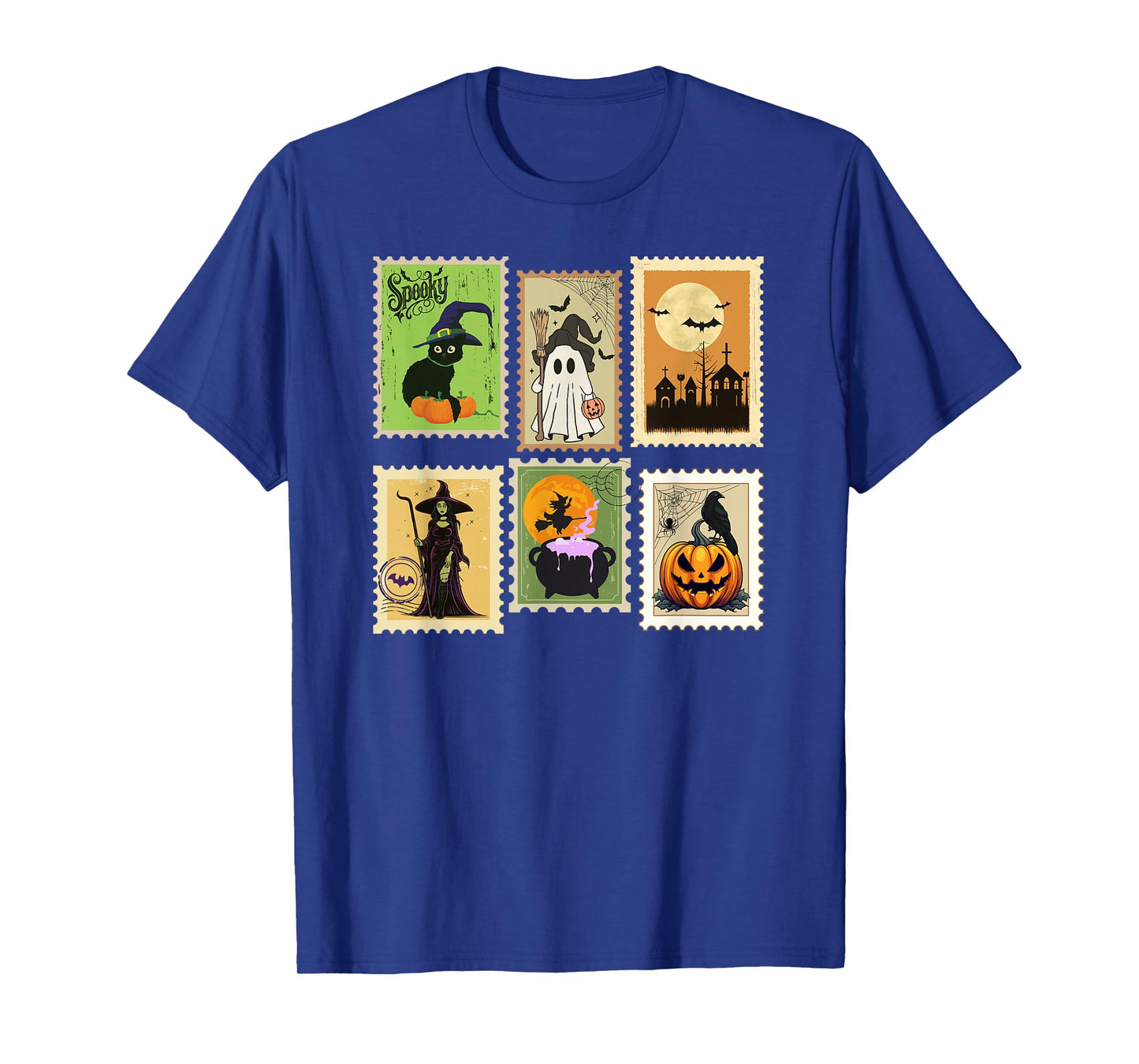 Retro Ghost Autumn Pumpkin Cat Witch Vintage Halloween Stamp T-Shirt