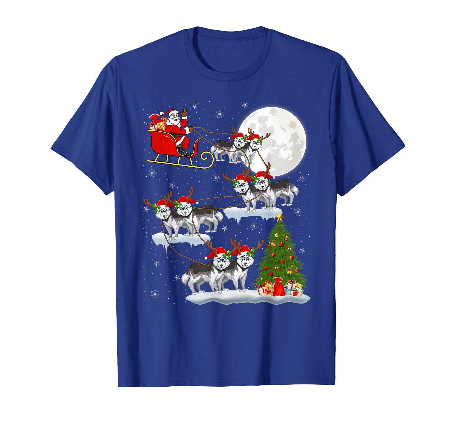 Funny Siberian Husky Dog Santa Sleigh Flying Christmas T-Shirt
