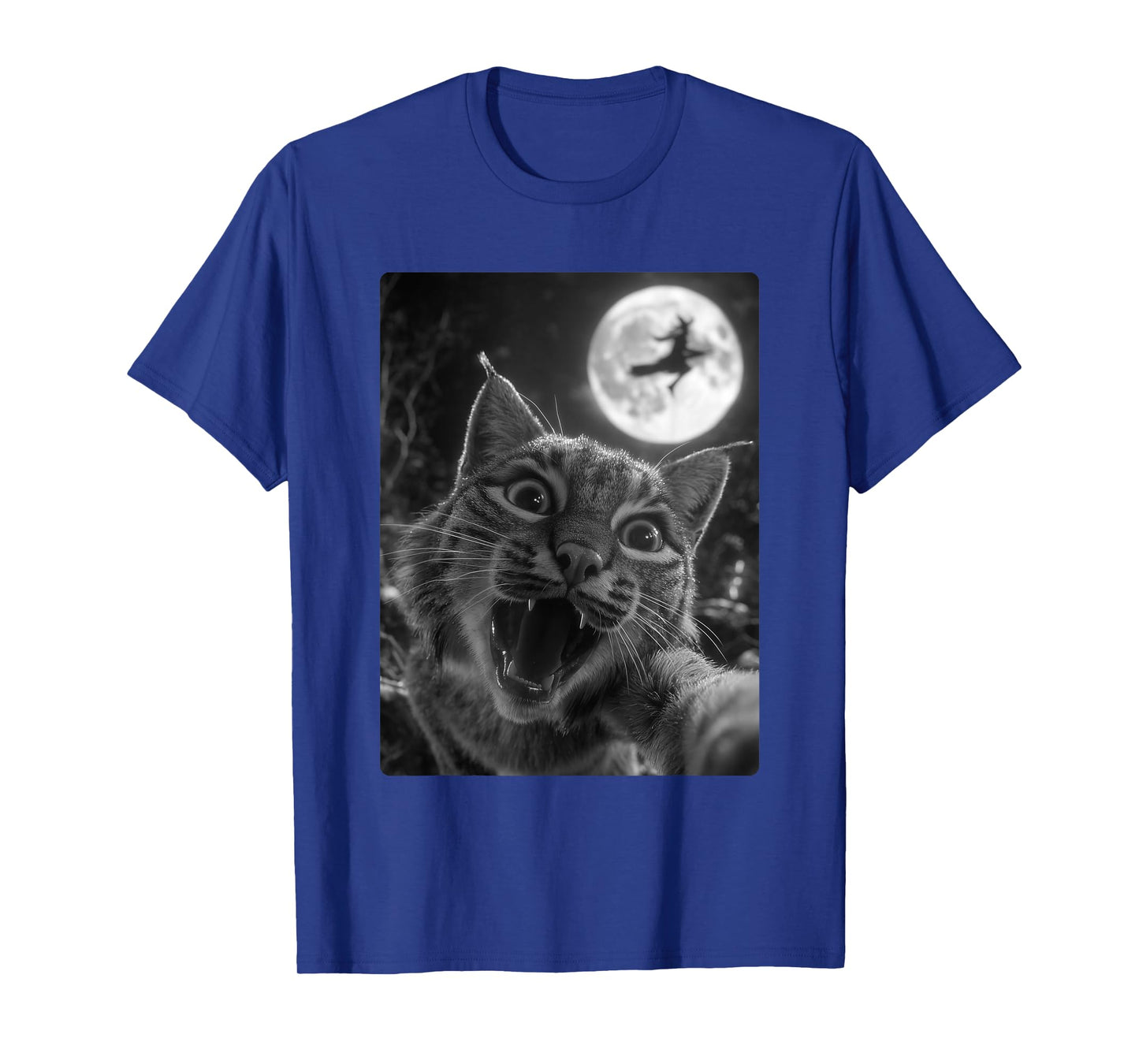 Funny Bobcat Selfie Full Moon Flying Witch Forest Halloween T-Shirt