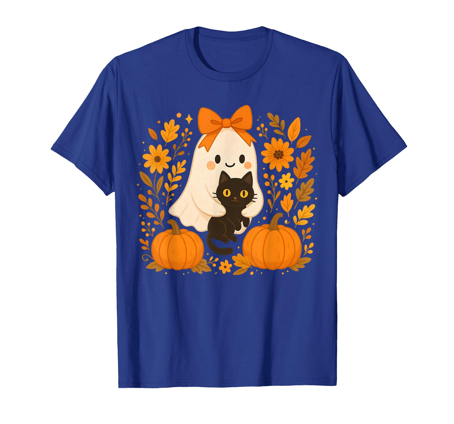 Vintage Halloween Ghost Holding Black Cat Groovy Floral T-Shirt
