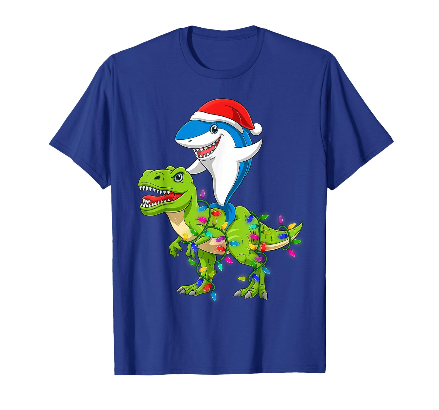 Shark Riding Dinosaur Christmas Lighting Mens Xmas Squad T-Shirt