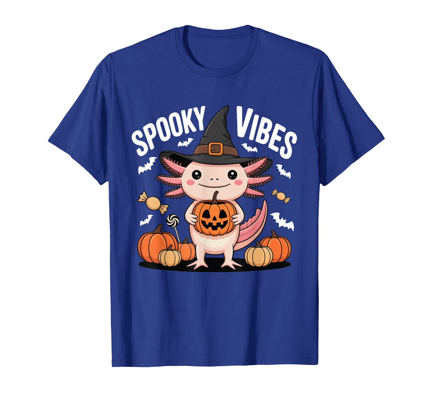 Cute Axolotl Witch Spooky Vibes Funny Halloween Pumpkin T-Shirt