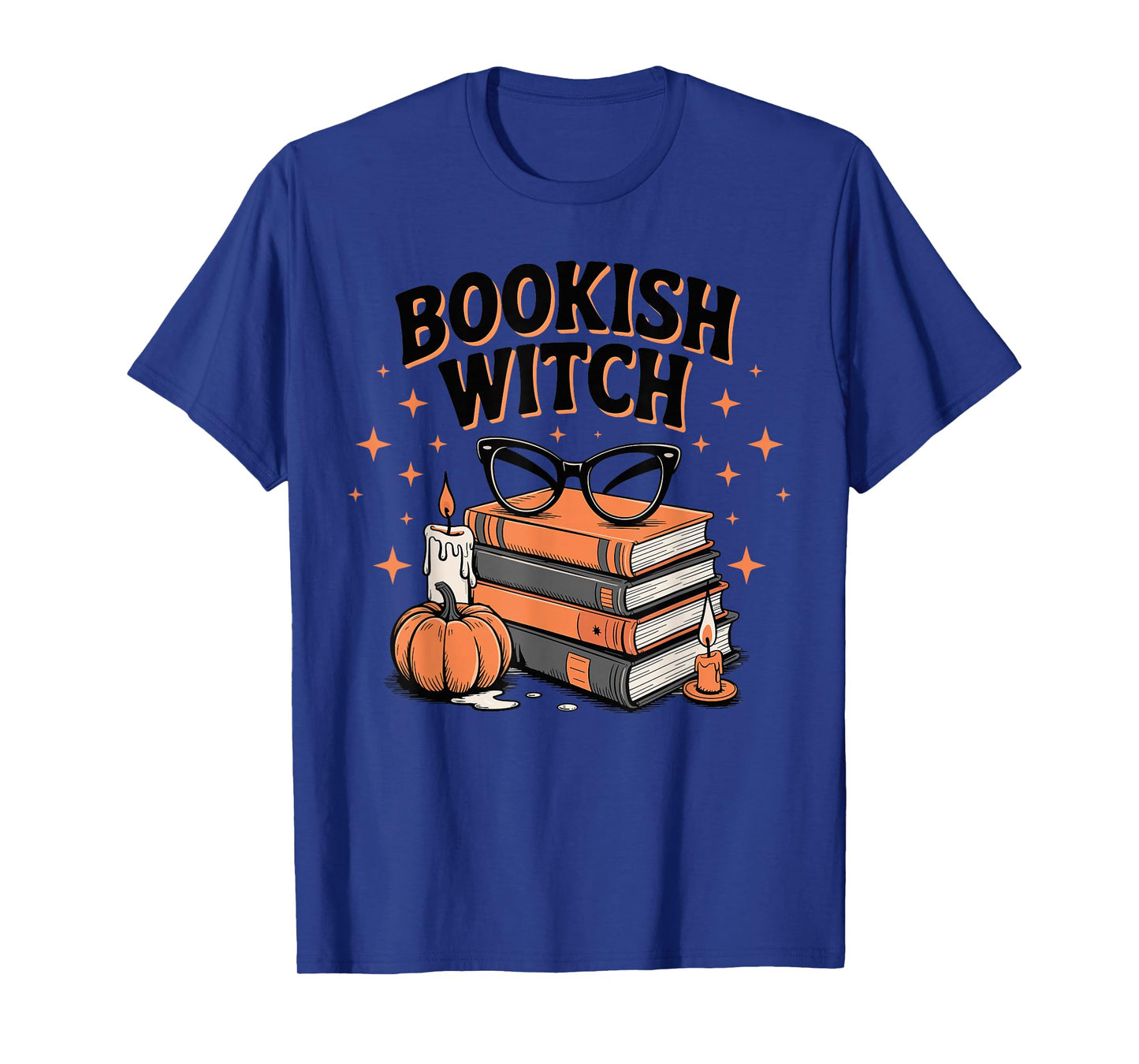 Bookish Witch Glasses Books Pumpkin Candles Scene T-Shirt