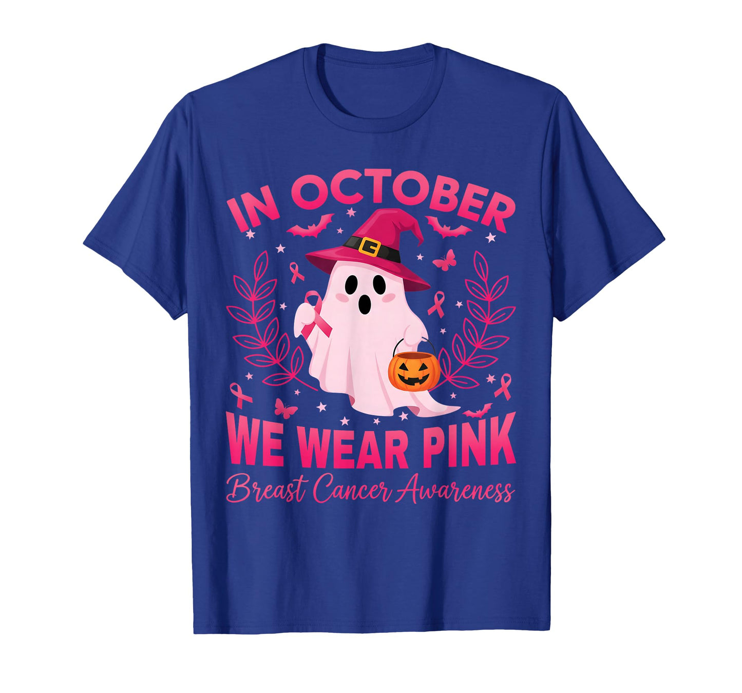 in October We Wear Pink Ghost Witch Breast Cancer Awareness T-Shirt