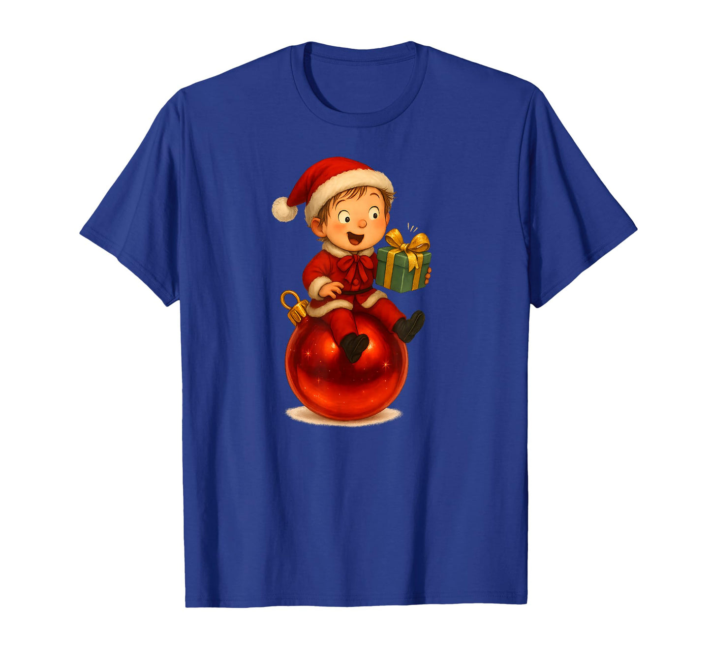 Christmas Holiday Kid in Santa Costume on Giant Red Ornament T-Shirt