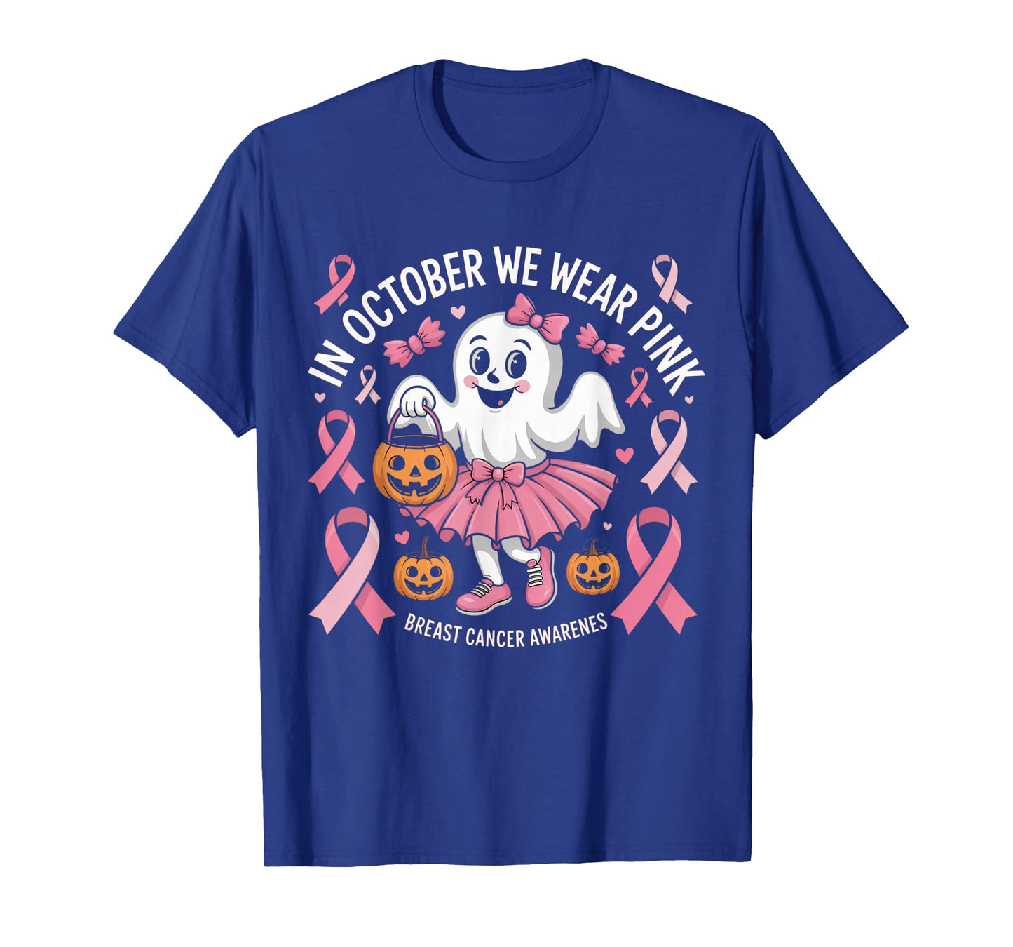 in October We Wear Pink Ghost Witch Breast Cancer Awareness T-Shirt
