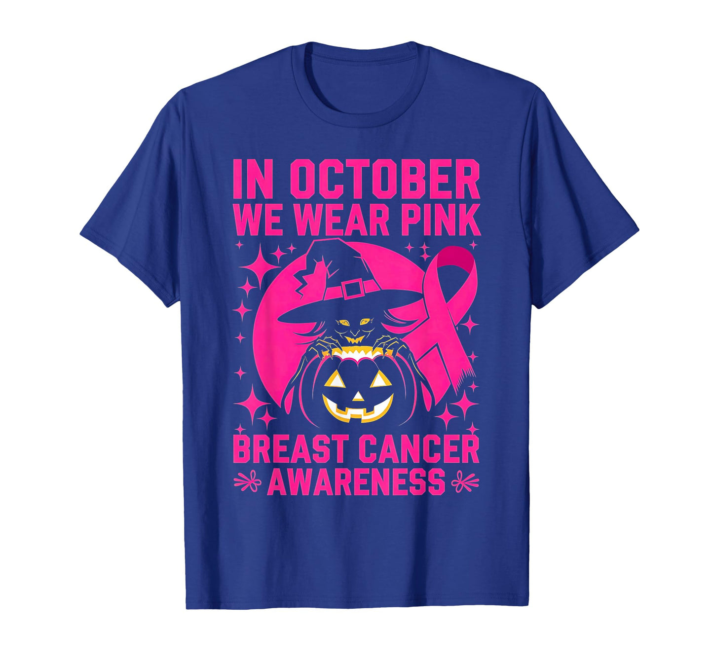 in October We Wear Pink Witch Breast Cancer Awareness Spooky T-Shirt