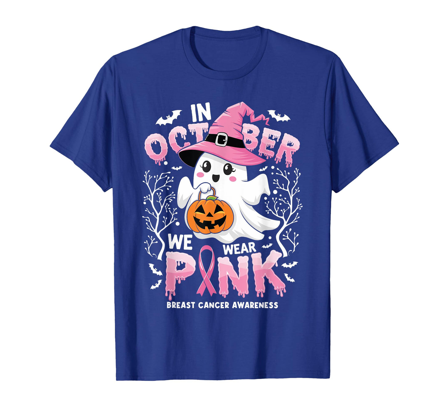 In October We Wear Pink Ghost Witch Breast Cancer Awareness T-Shirt
