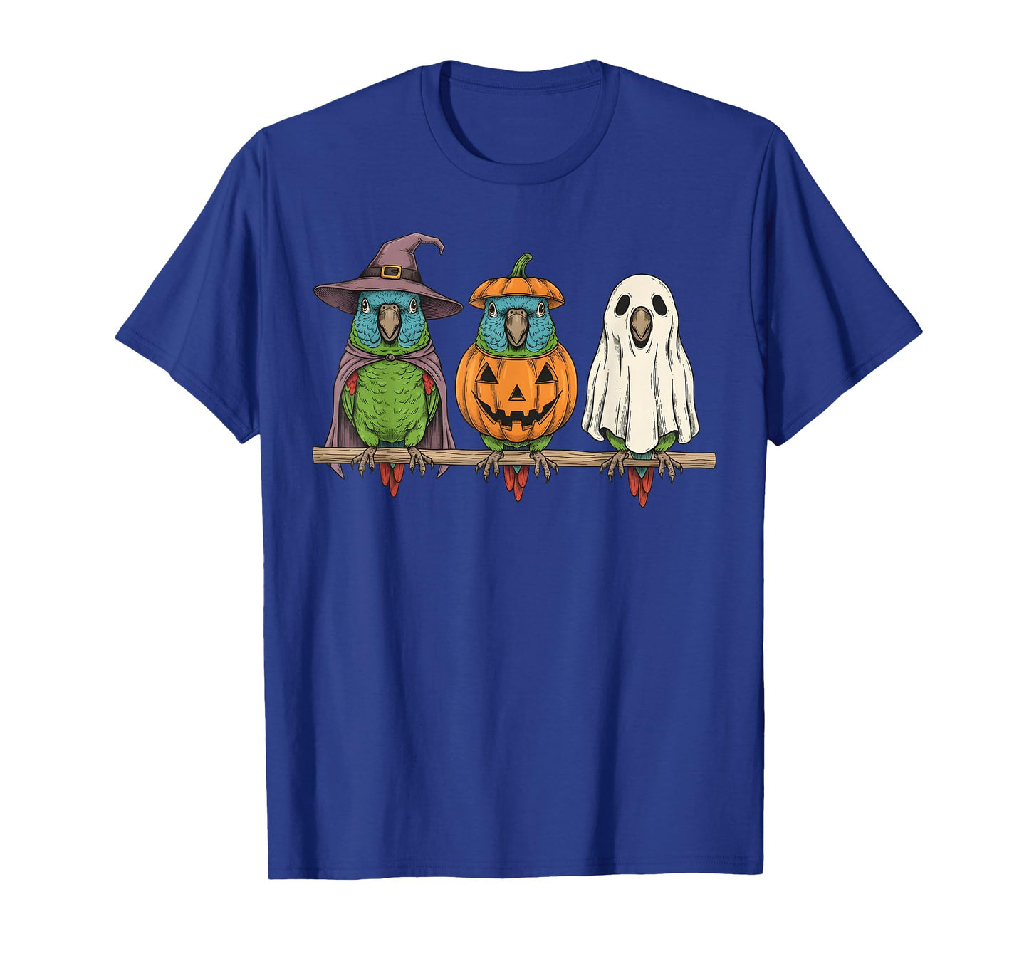 Spooky Ghost Blue Crowned Conure Parrot Pumpkin Halloween T-Shirt