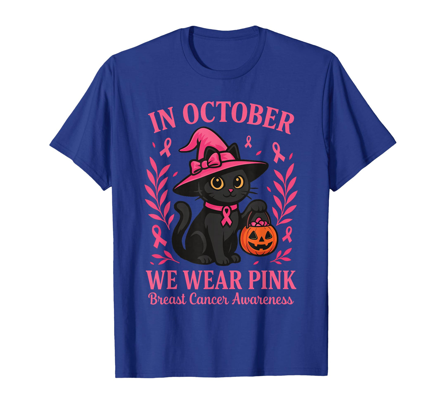 We Wear Pink in October Women Halloween Cat Breast Cancer T-Shirt