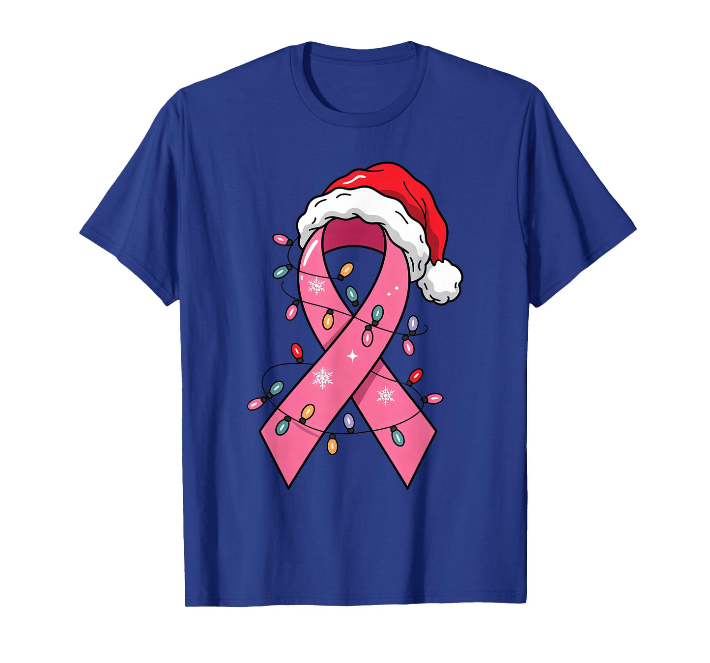 Pink Ribbon Santa Hat Christmas Lights Breast Cancer Warrior T-Shirt