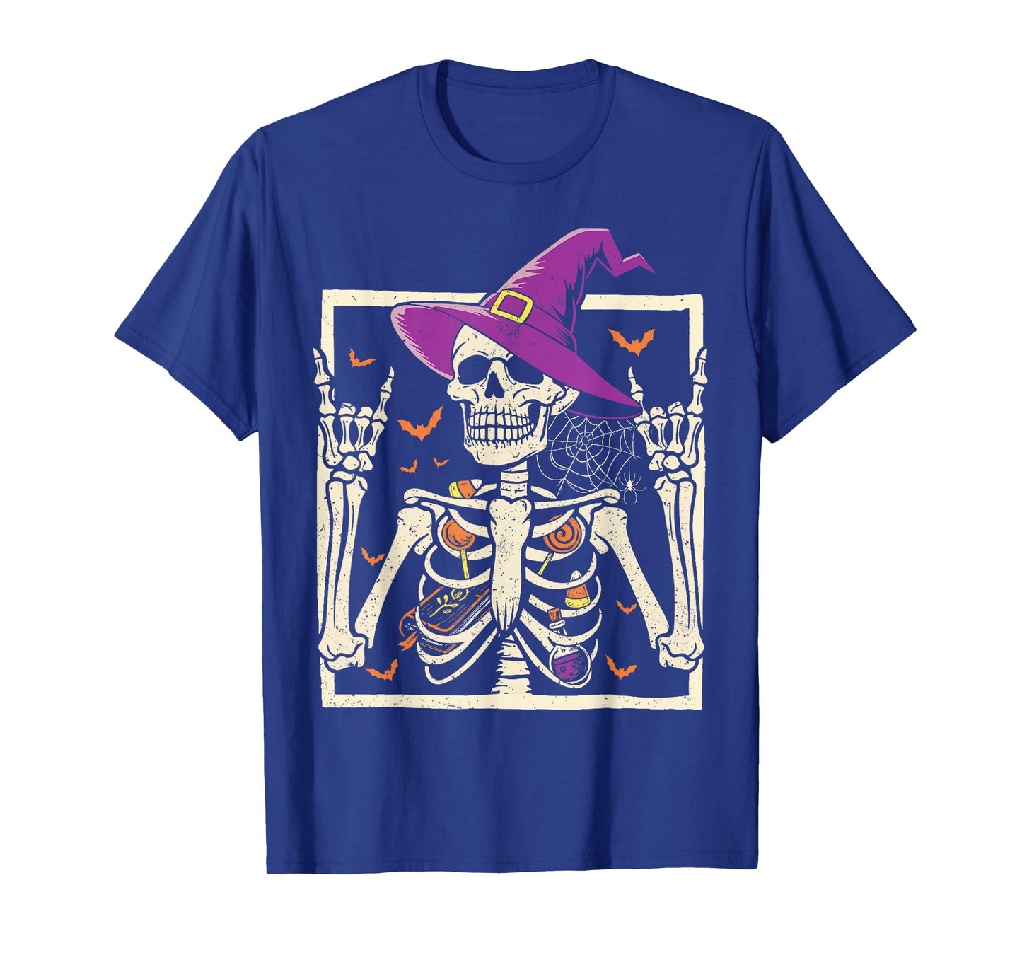 Rocker Skeleton Witch Hat Spooky Cool Design Punk Rock On T-Shirt