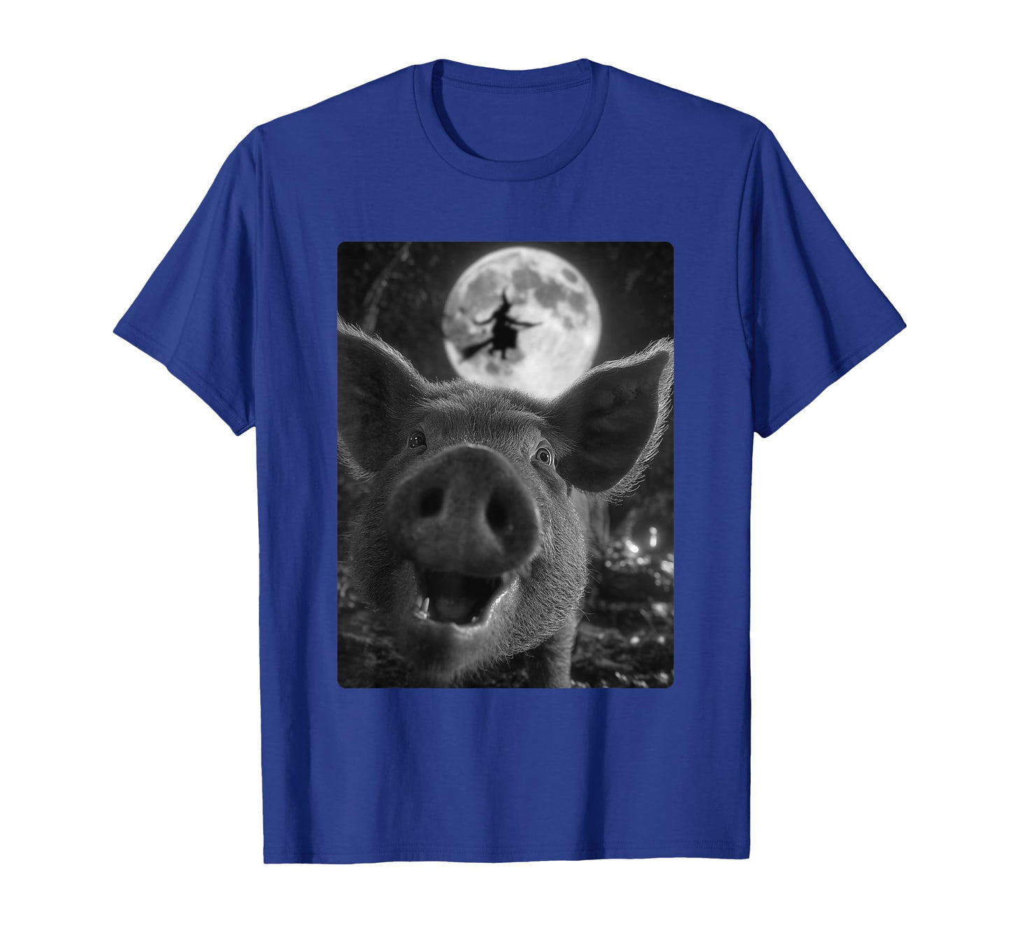 Funny Pig Selfie Full Moon Flying Witch Forest Halloween T-Shirt