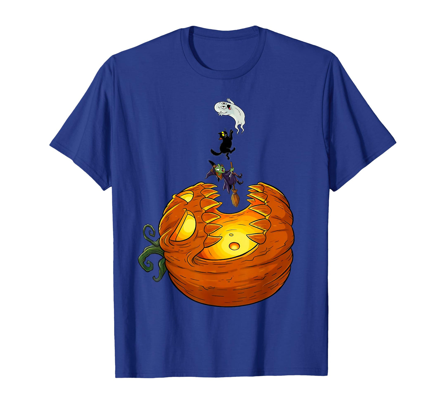 Jack O Pumpkin Chasing A Witch Cat Ghost Vertically Up The T-Shirt