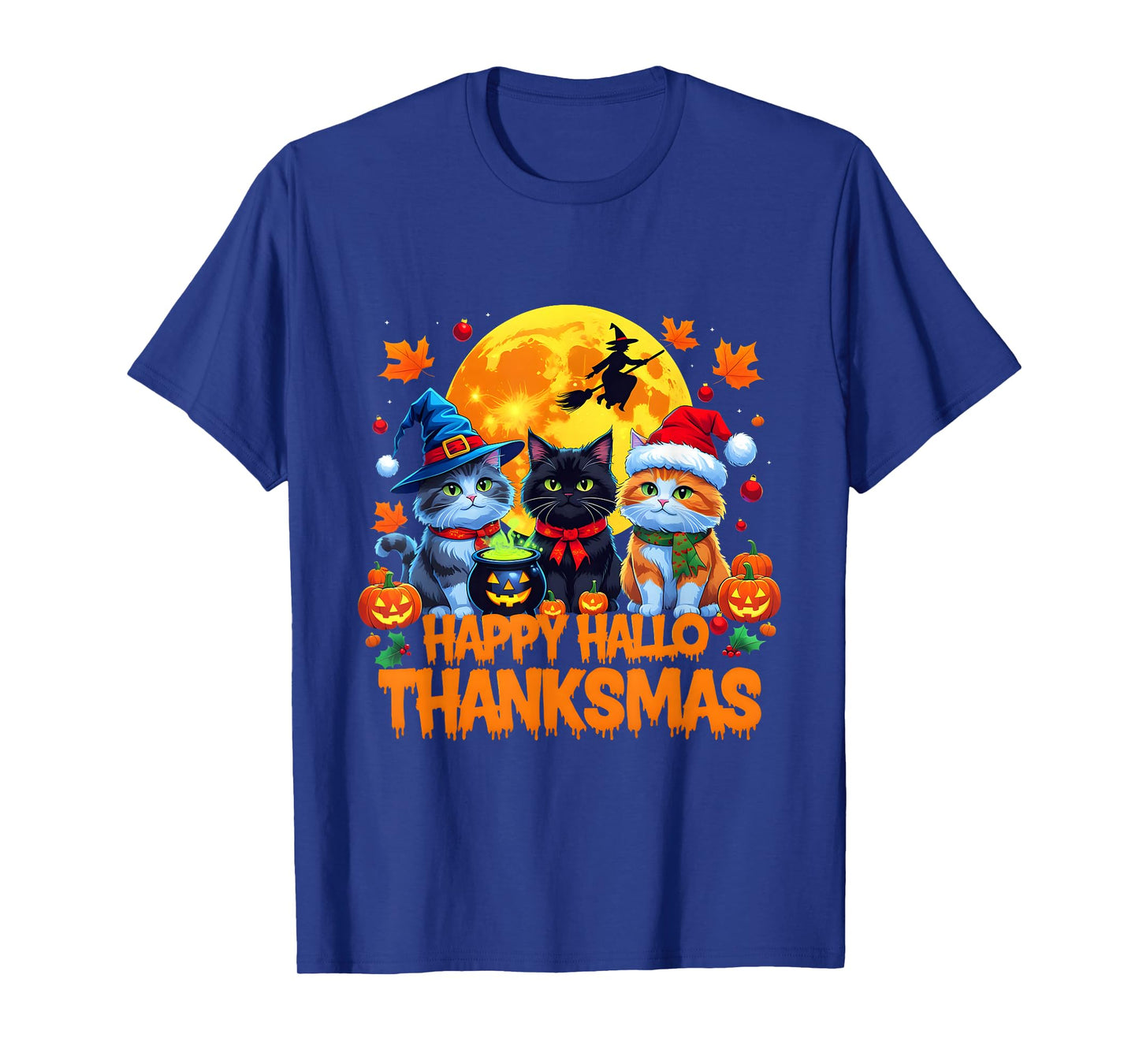 Thanksgiving Christmas Cats Happy Hallothanksmas Halloween T-Shirt