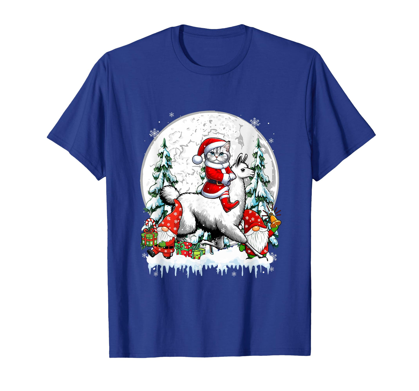 Santa Cat Riding Llama Gnomes Christmas Trees Family Kids T-Shirt