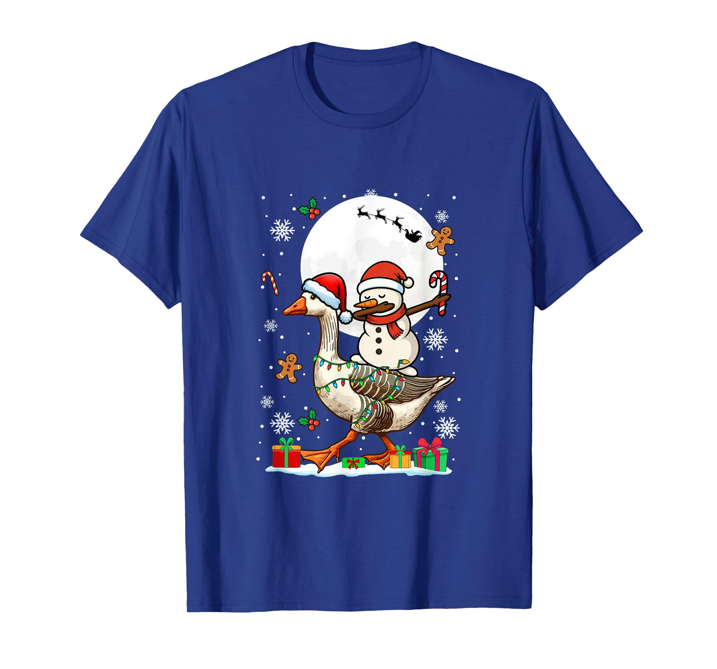 Dabbing Snowman On Goose Christmas Santa Colorful Lights T-Shirt