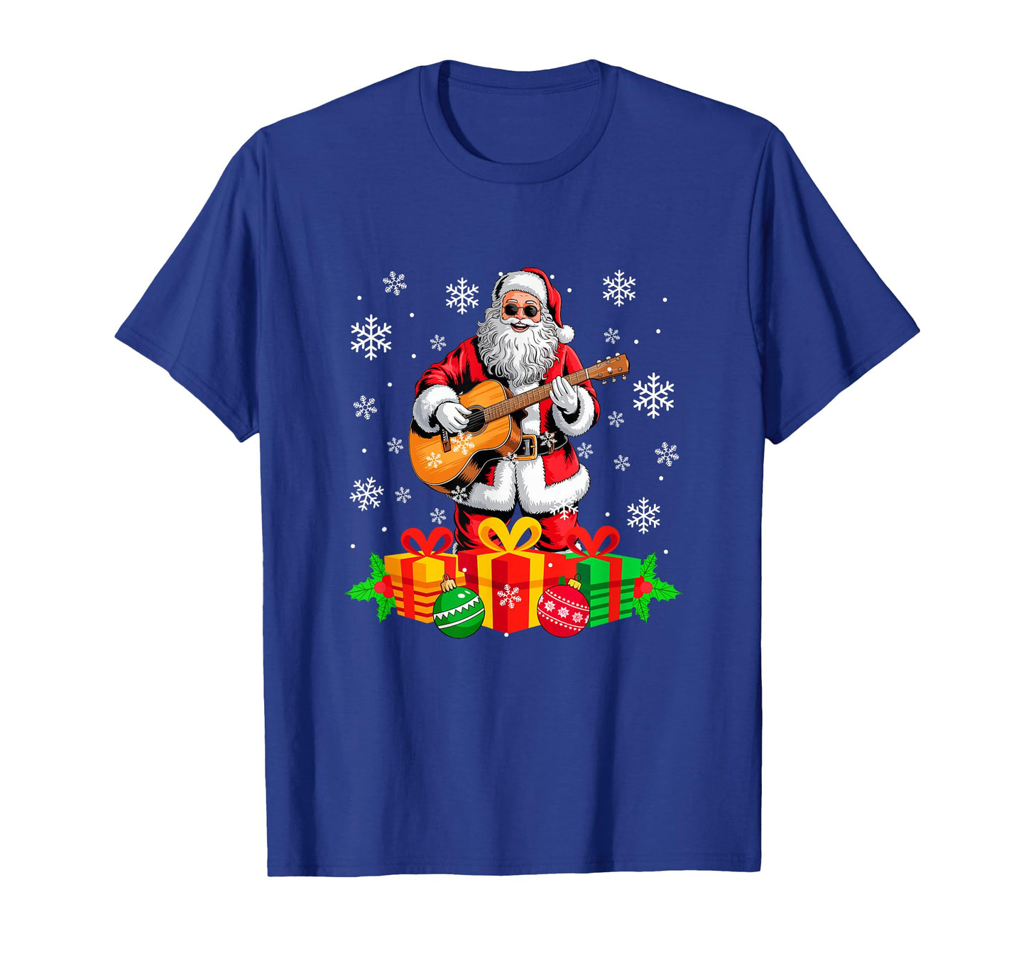 Santa Playing Guitar Instrument Colorful Christmas Boxes T-Shirt