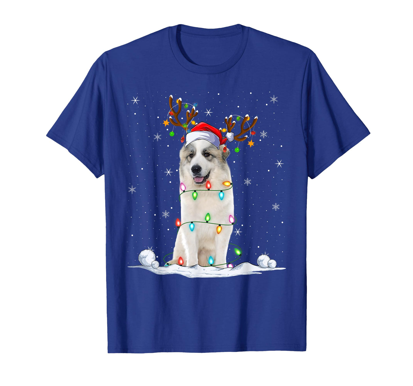 Great Pyrenees Dog Christmas Lights Funny Santa Hat Xmas T-Shirt
