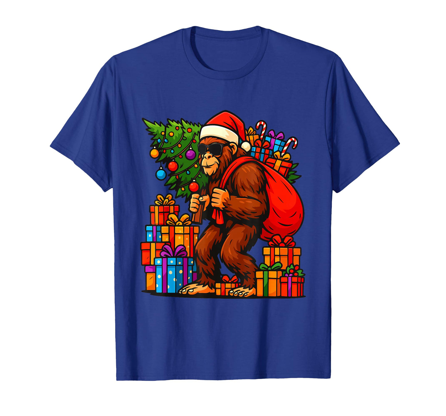 Santa Bigfoot Christmas Tree Lights Xmas Boys Men Sasquatch T-Shirt