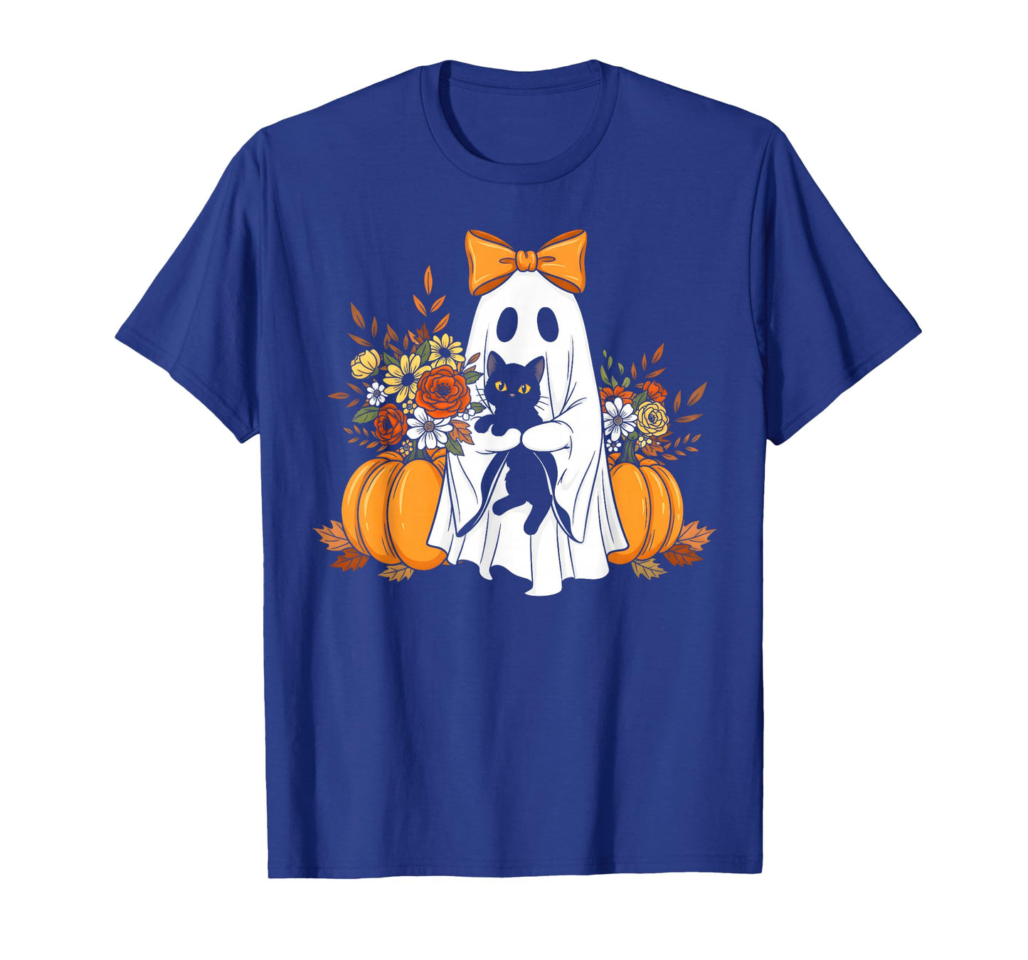 Vintage Halloween Ghost Holding Black Cat Groovy Floral T-Shirt