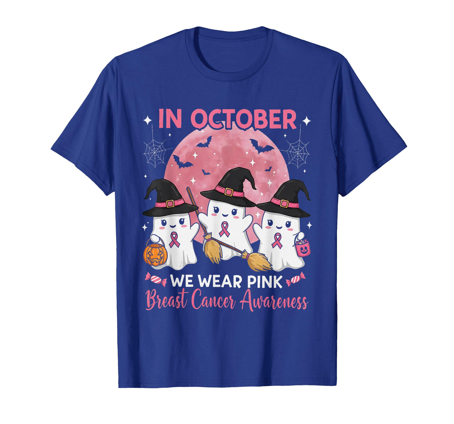 in October We Wear Pink Ghost Witch Breast Cancer Awareness T-Shirt