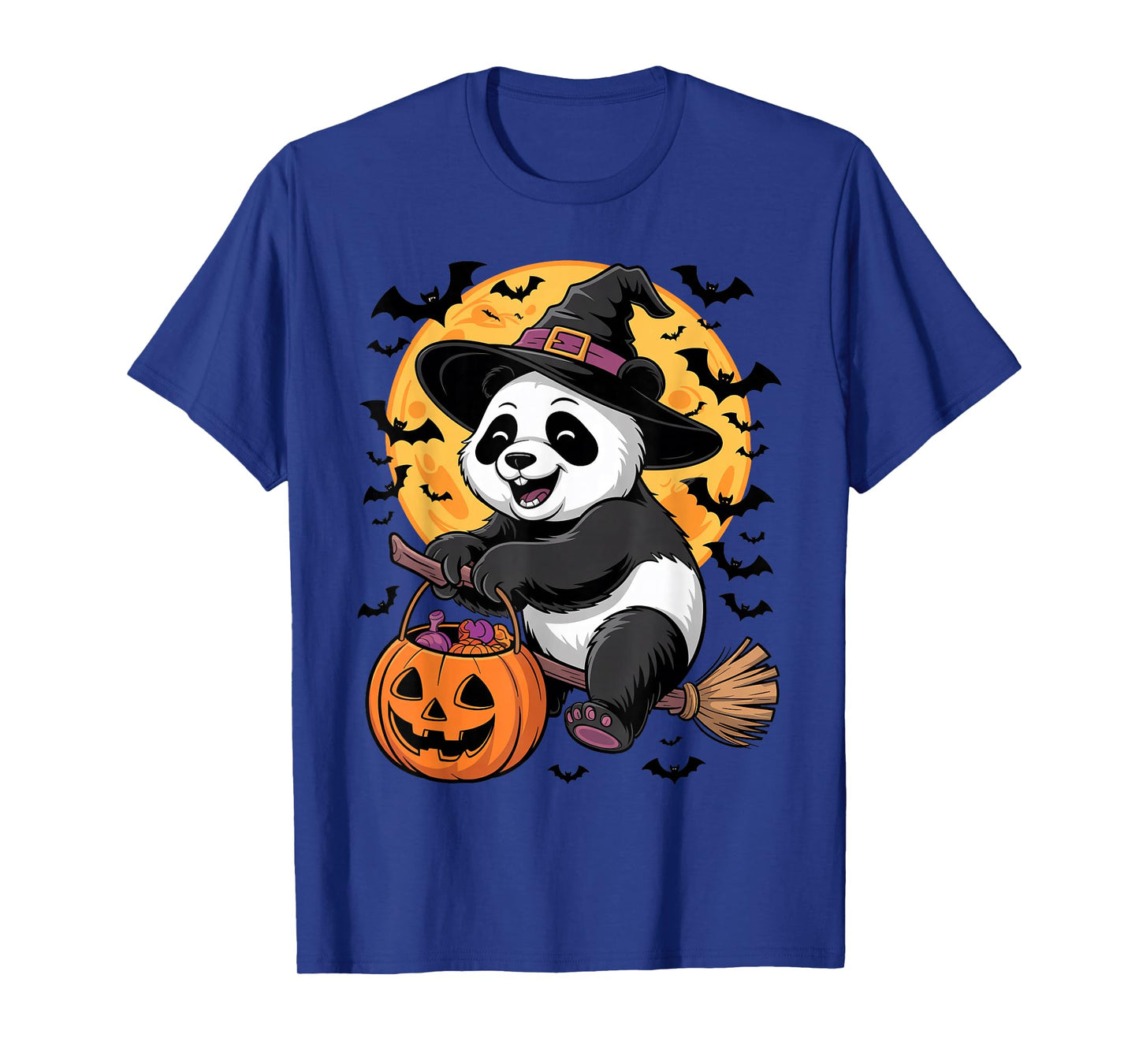 Halloween Panda Witch Hat and Broom Pumpkin Candy Bucket T-Shirt