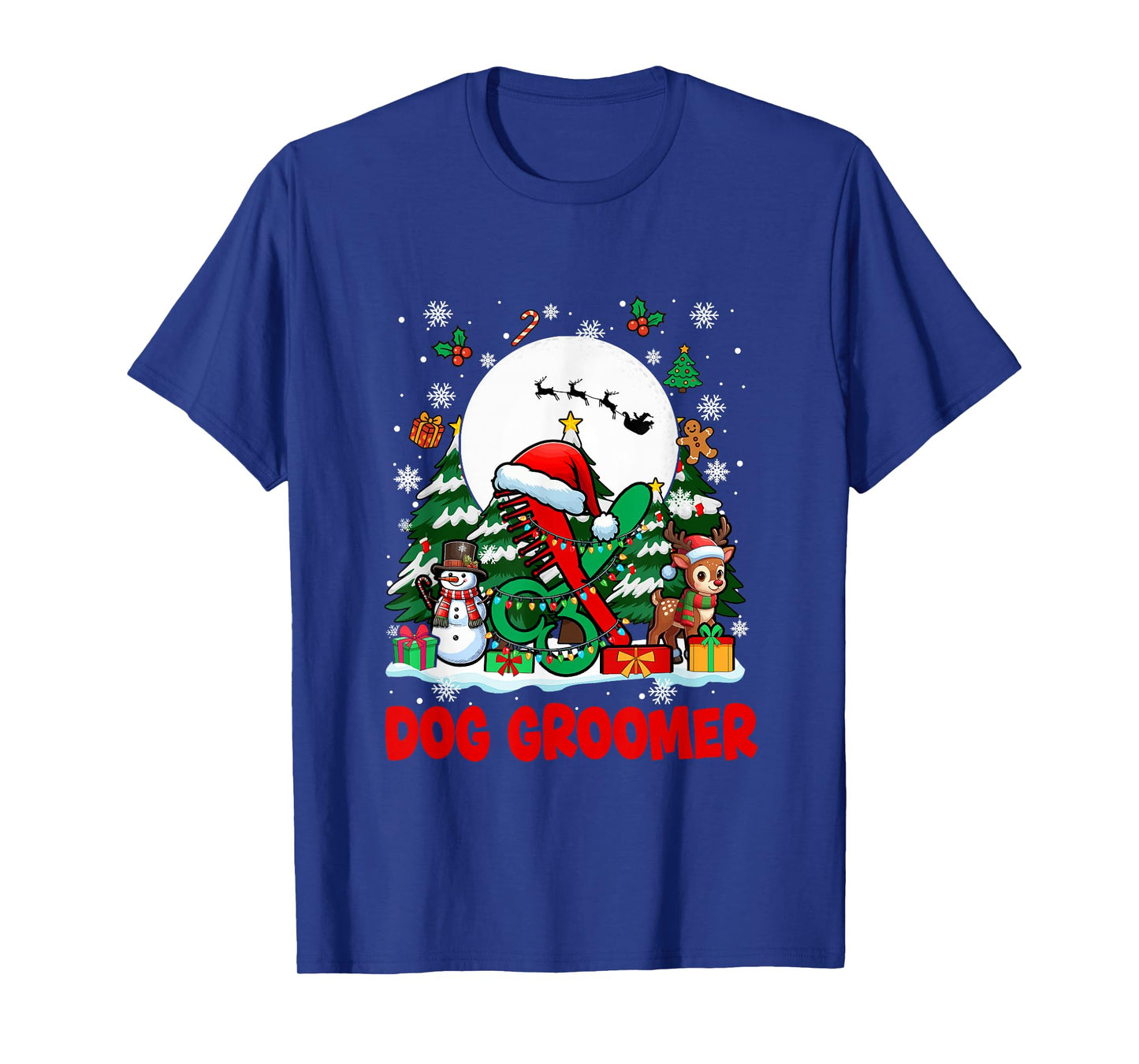 Dog Groomer Job Tools Santa Snowmen Reindeer Christmas Trees T-Shirt
