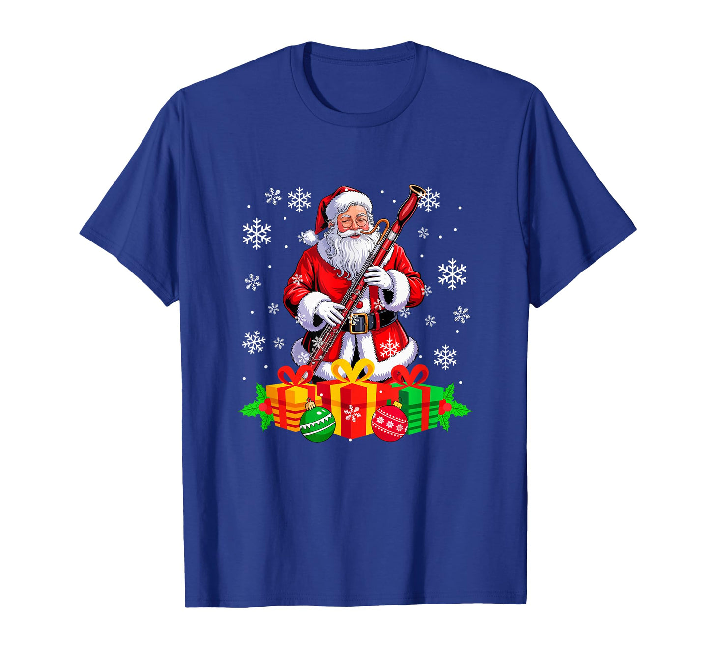 Santa Playing Bassoon Instrument Colorful Christmas Boxes T-Shirt