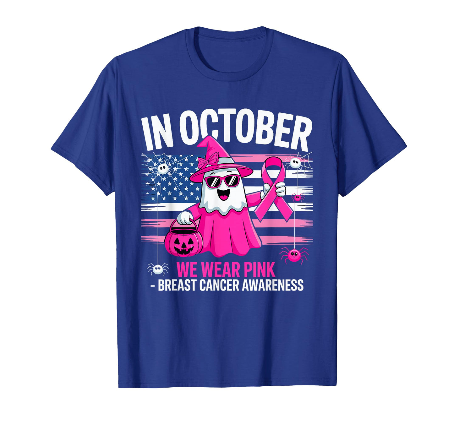 in October We Wear Pink Ghost Witch Breast Cancer Awareness T-Shirt