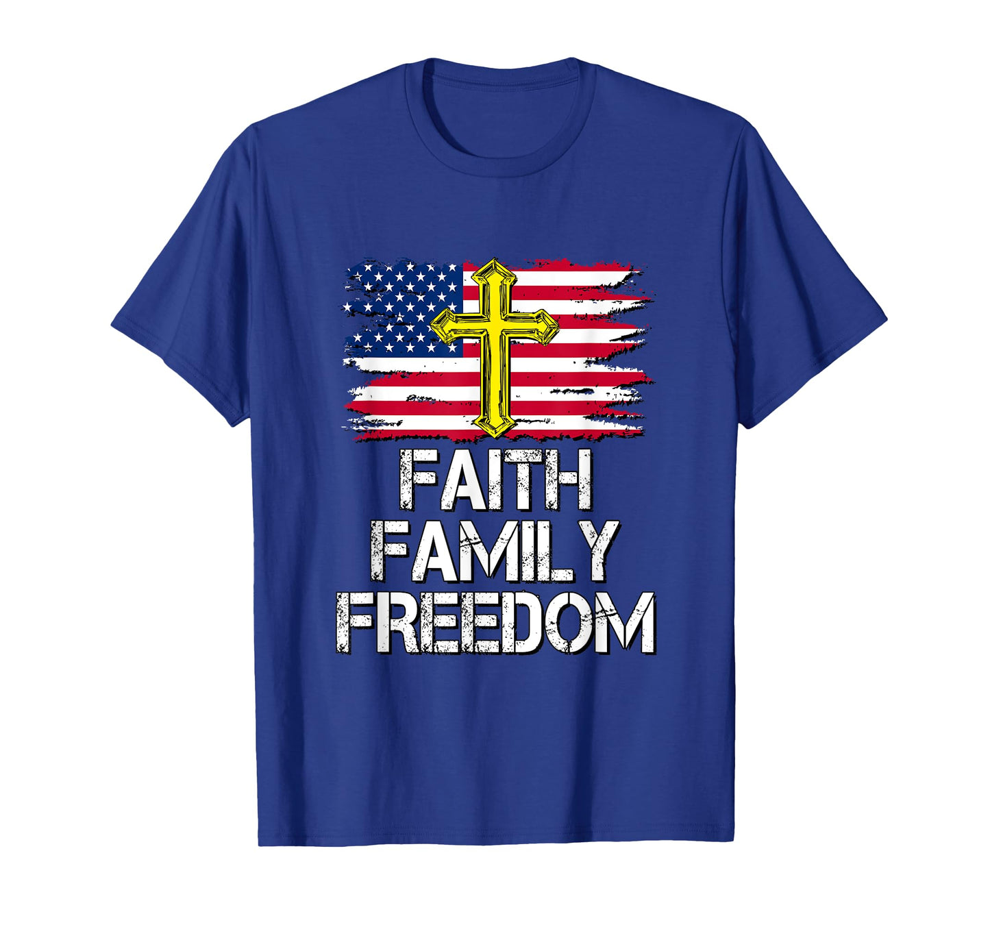 Faith Family Freedom - American Flag and Cross - Distressed T-Shirt for Women Kids Men