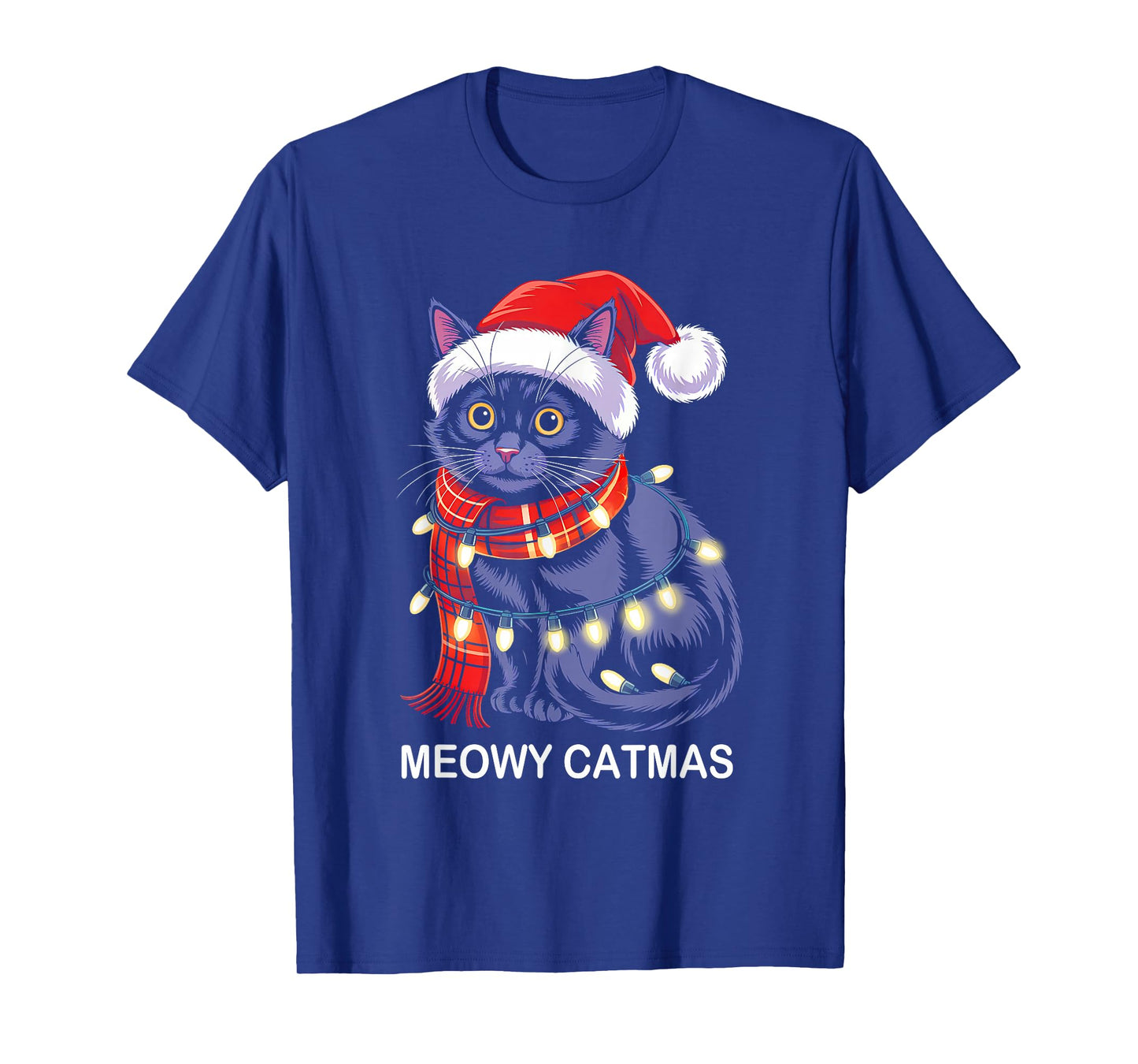 Meowy Catmas Christmas Lights Black Cat Santa Xmas Pajamas T-Shirt