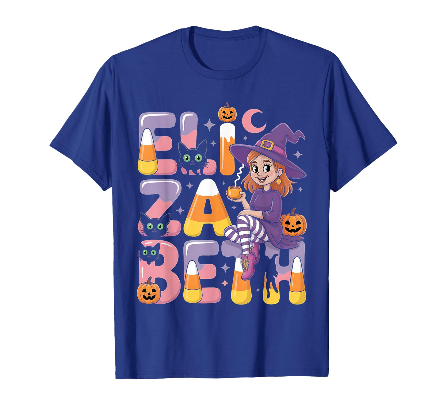Elizabeth Witch Candy Corn Cat Halloween Women and Girls T-Shirt