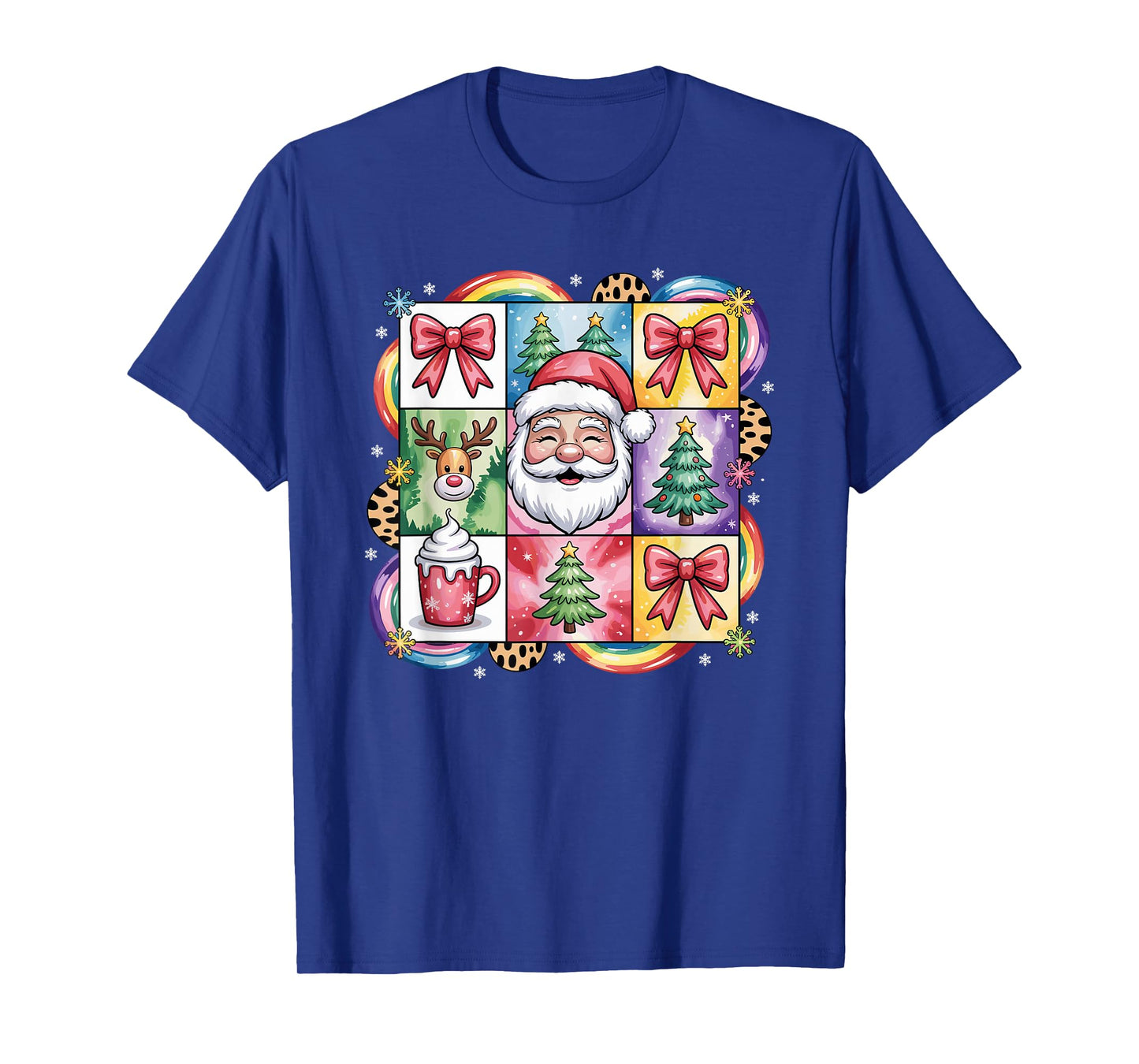 Colorful Patchwork Christmas Santa Reindeer Cocoa T-Shirt