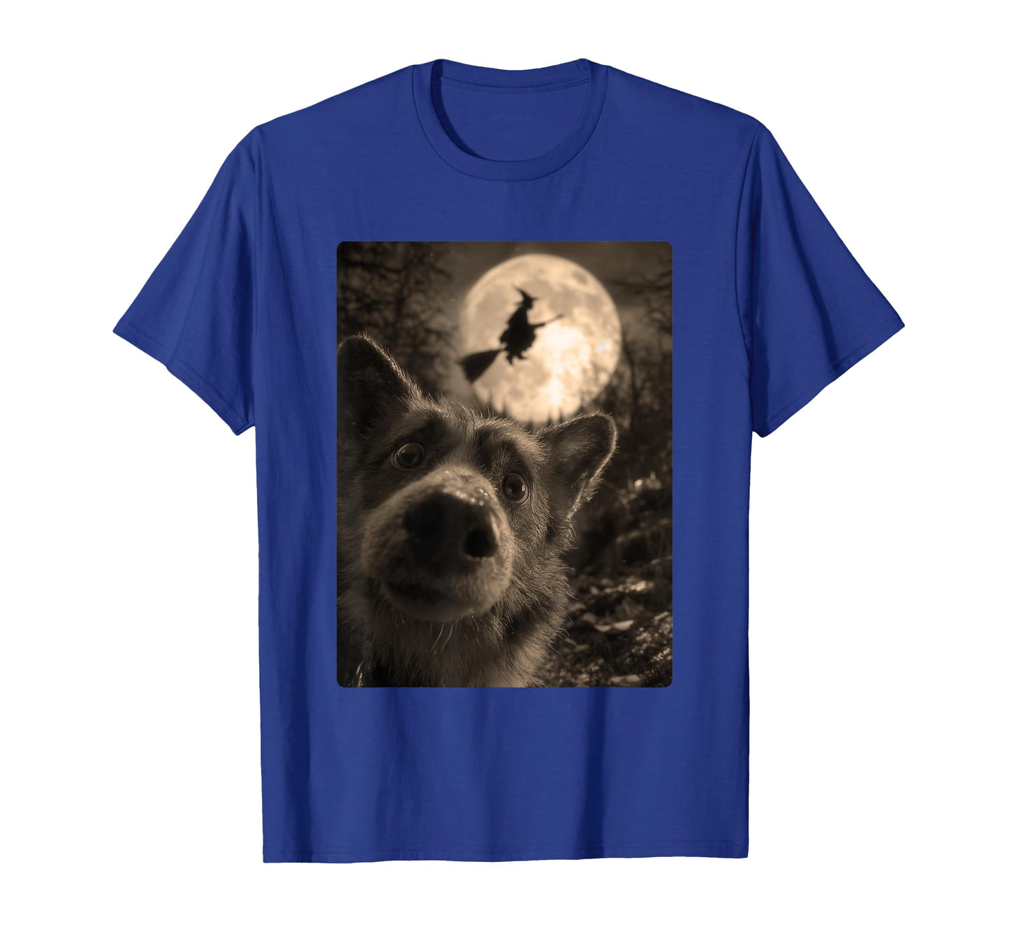 Funny Corgi Selfie with Full Moon Flying Witch Halloween Dog T-Shirt