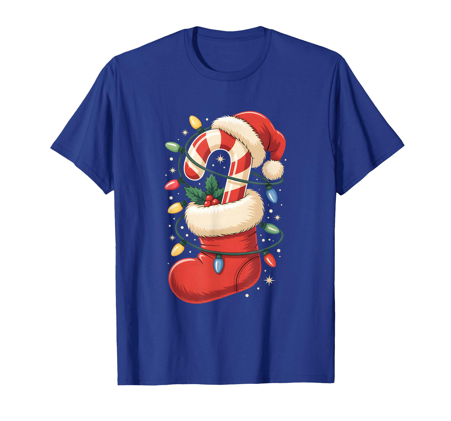Candy Cane Lights Christmas Stocking Santa Hat Holiday T-Shirt