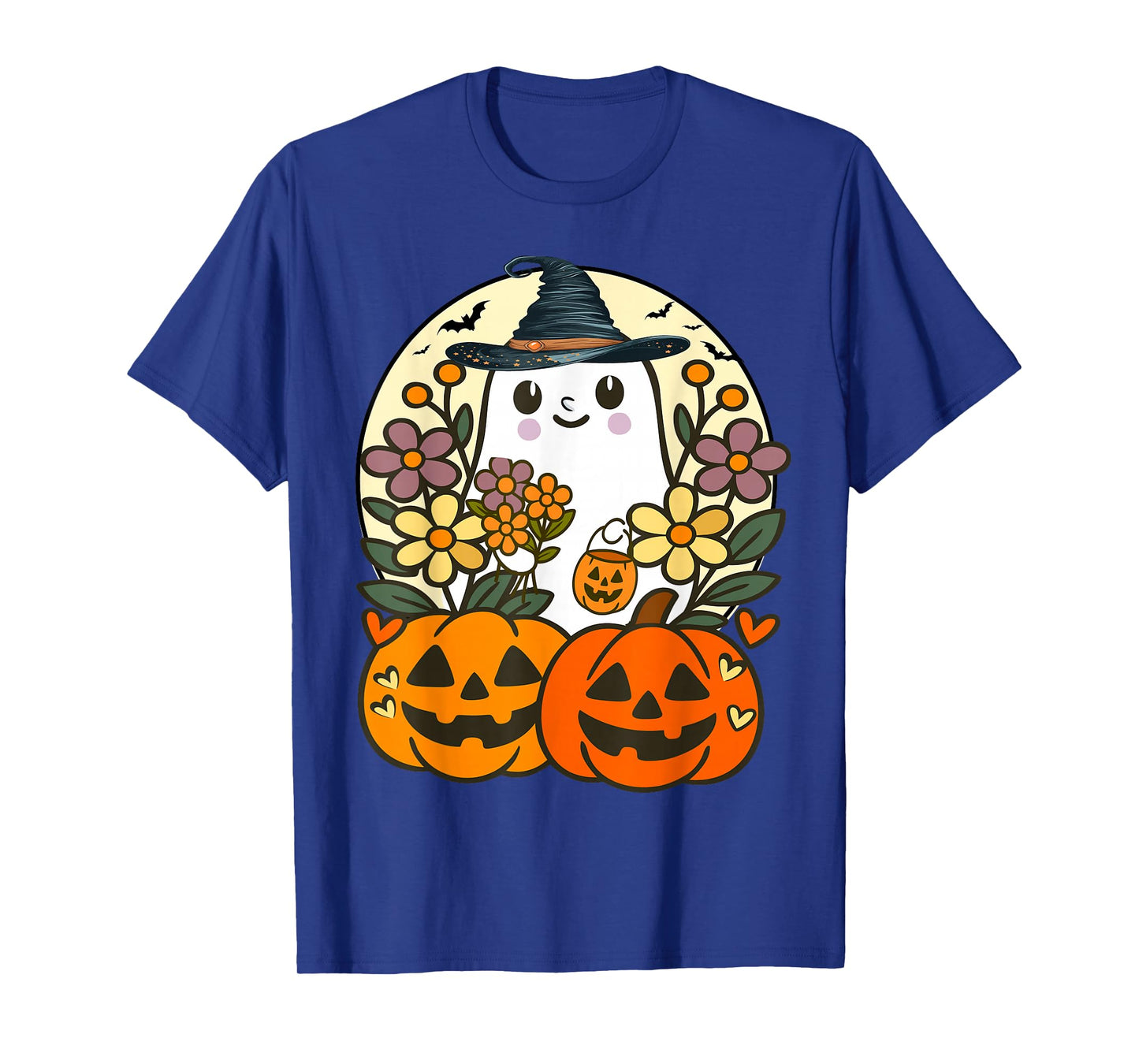 Funny Floral Ghost with Vintage Pumpkin Fall Halloween T-Shirt