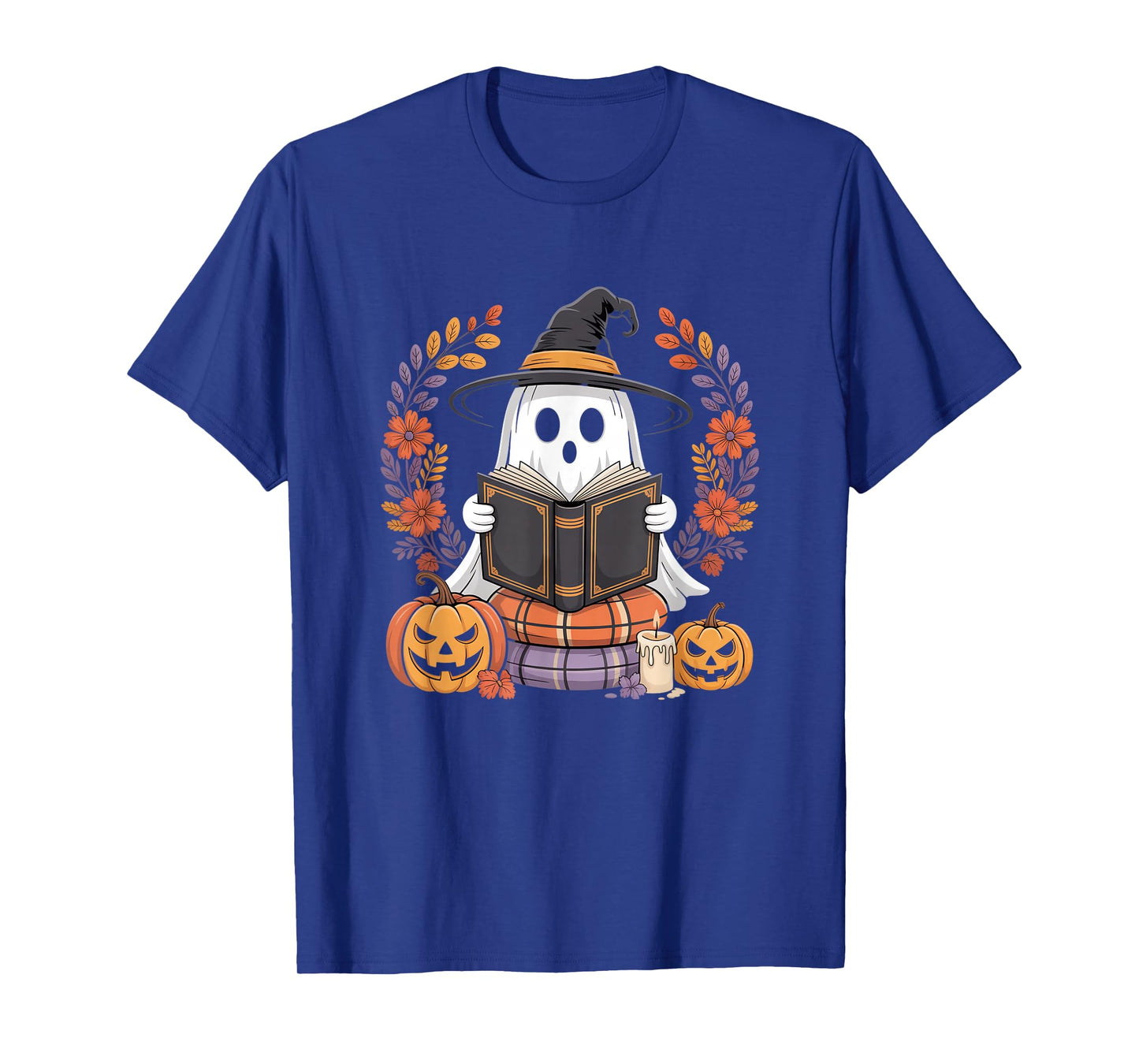 Halloween Ghost Reading Books Witch Hat Pumpkin Candle T-Shirt