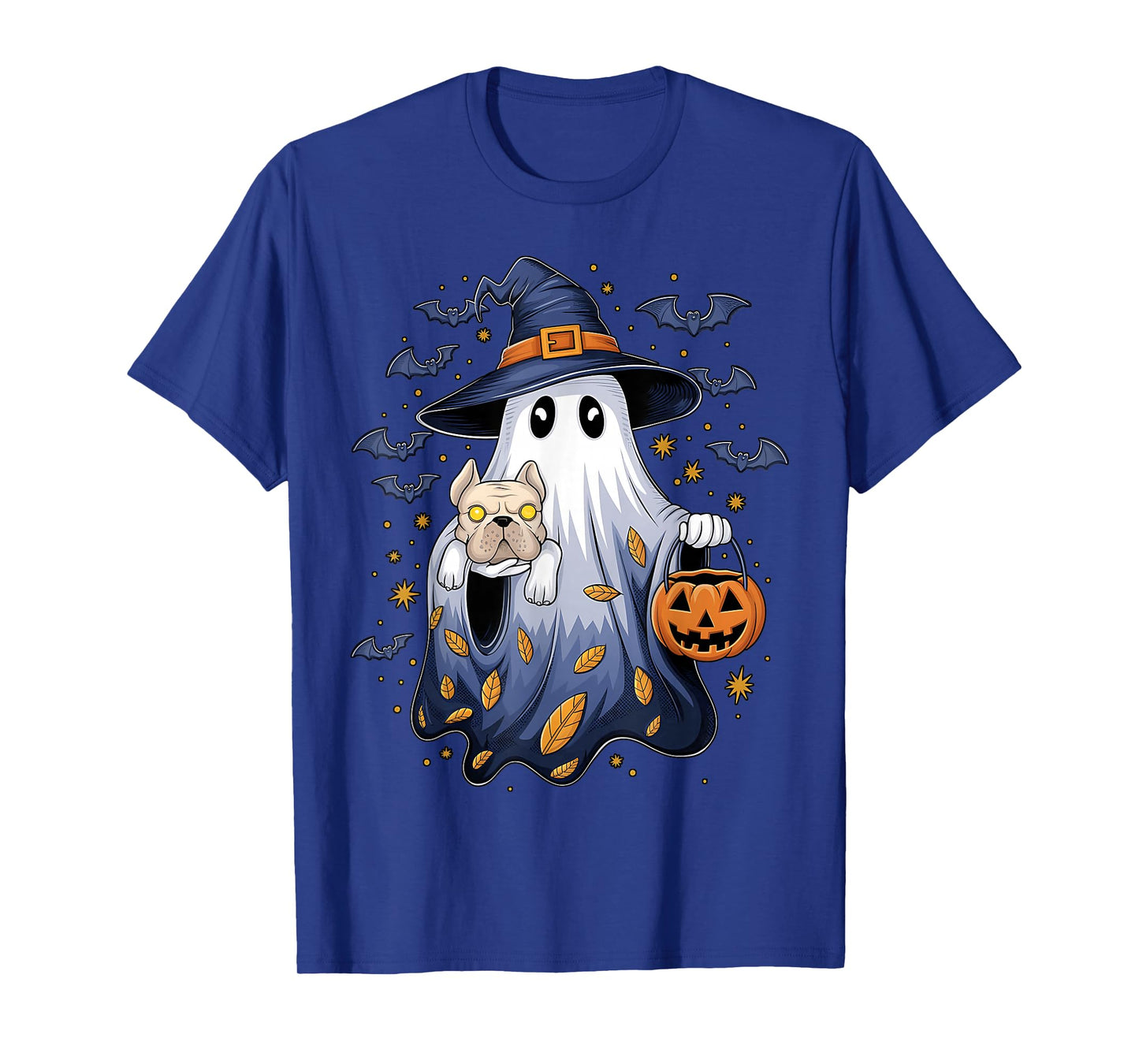 Cute Ghost Witch Holding English Bulldog Pumpkins Halloween T-Shirt